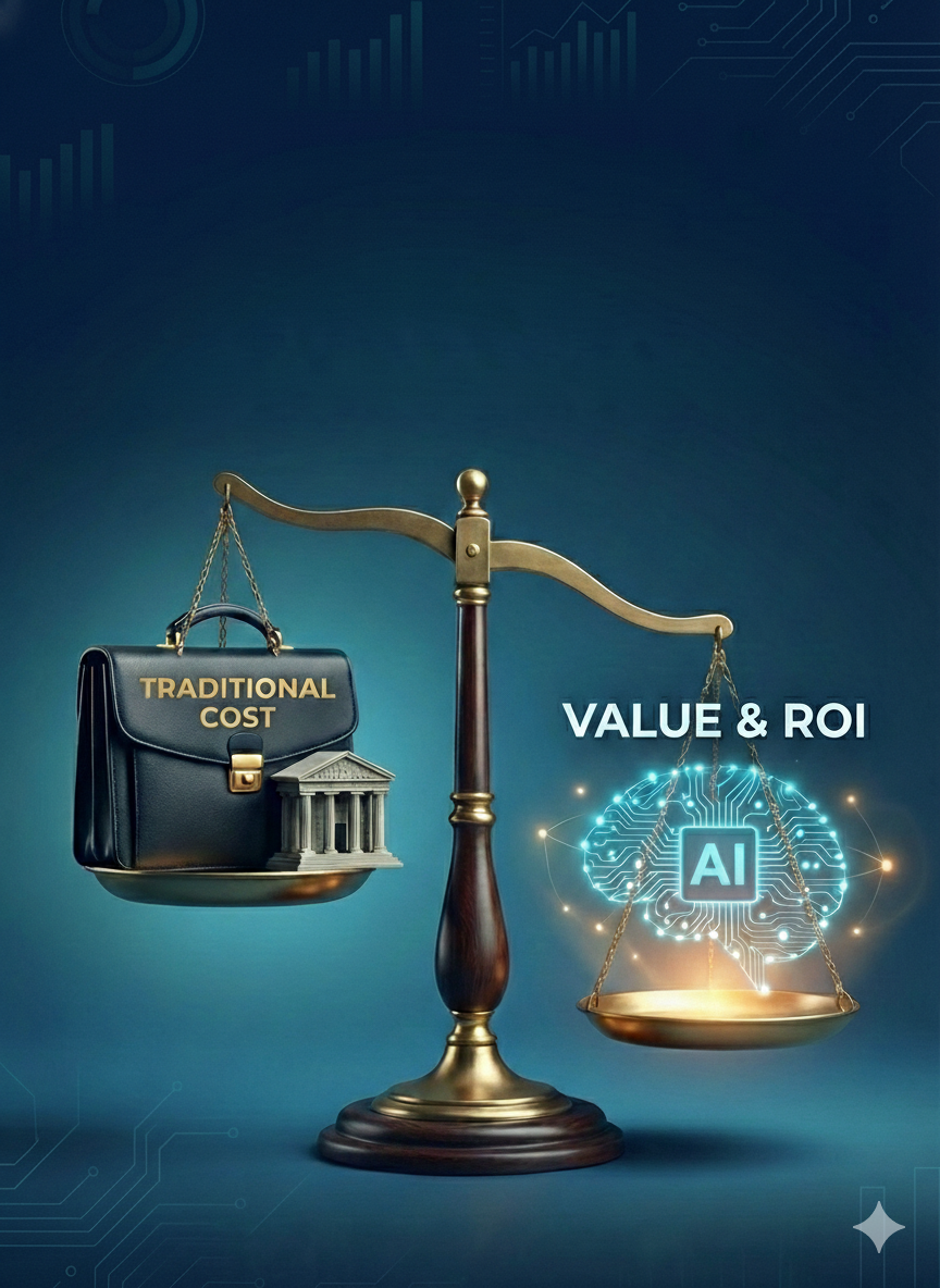 A set of scales showing the balance between traditional and AI costs in comms