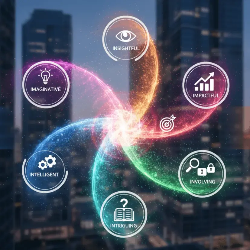 Colorful digital infographic with six icons and words: insight, imaginative, impactful, involving, intriguing, intelligent, set against a blurred cityscape background.