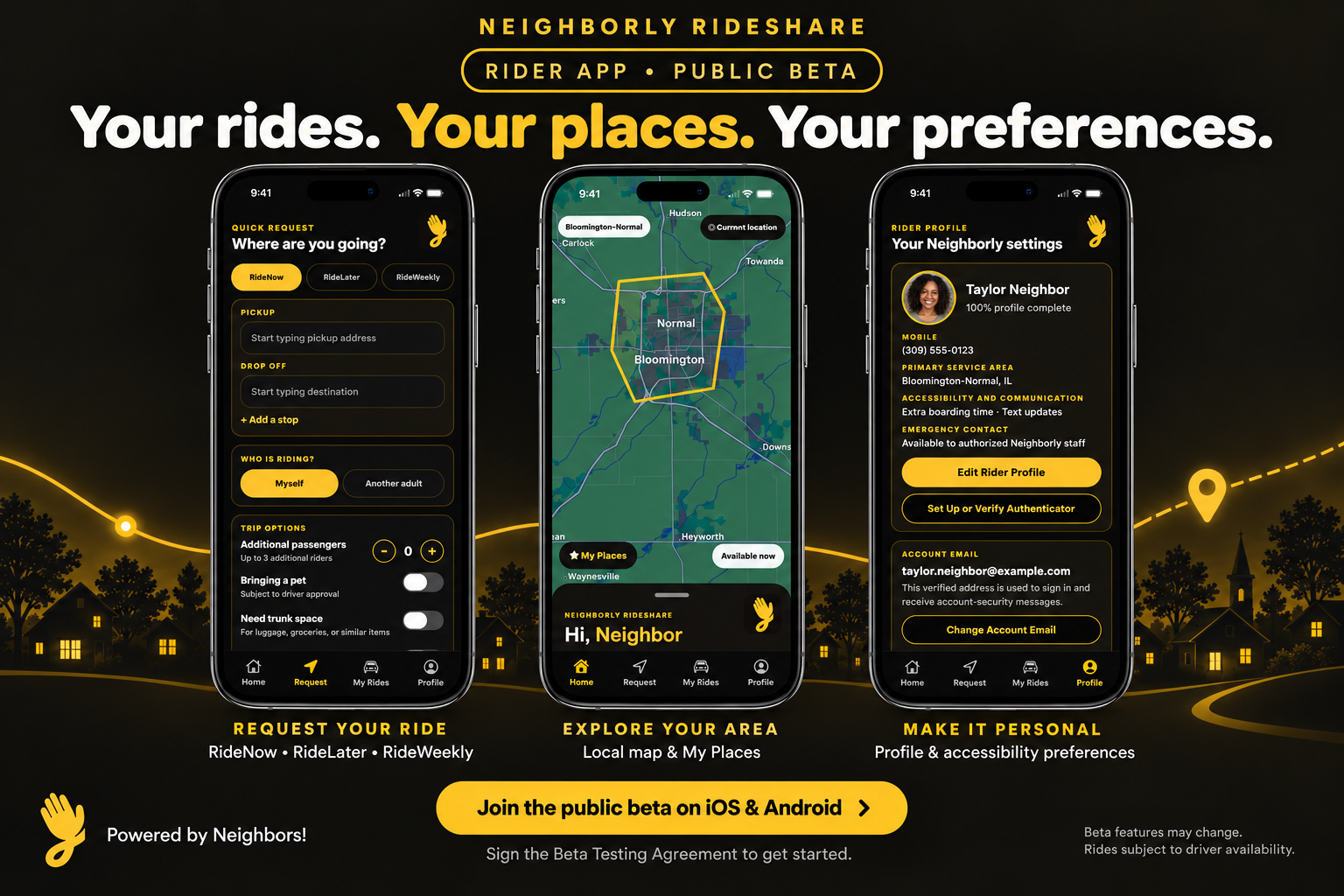 Neighborly Rider app: request rides, explore the local map and My Places, and manage your rider profile and accessibility preferences.