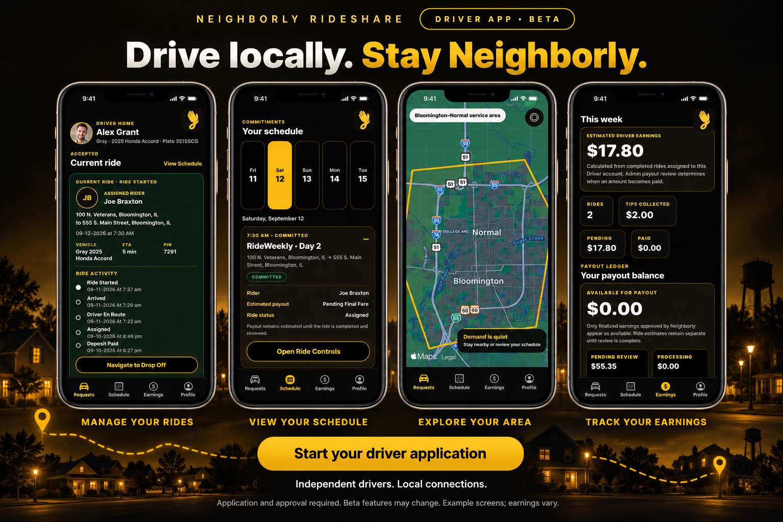 Neighborly Rideshare Driver app beta: current rides, schedule, local map and earnings.