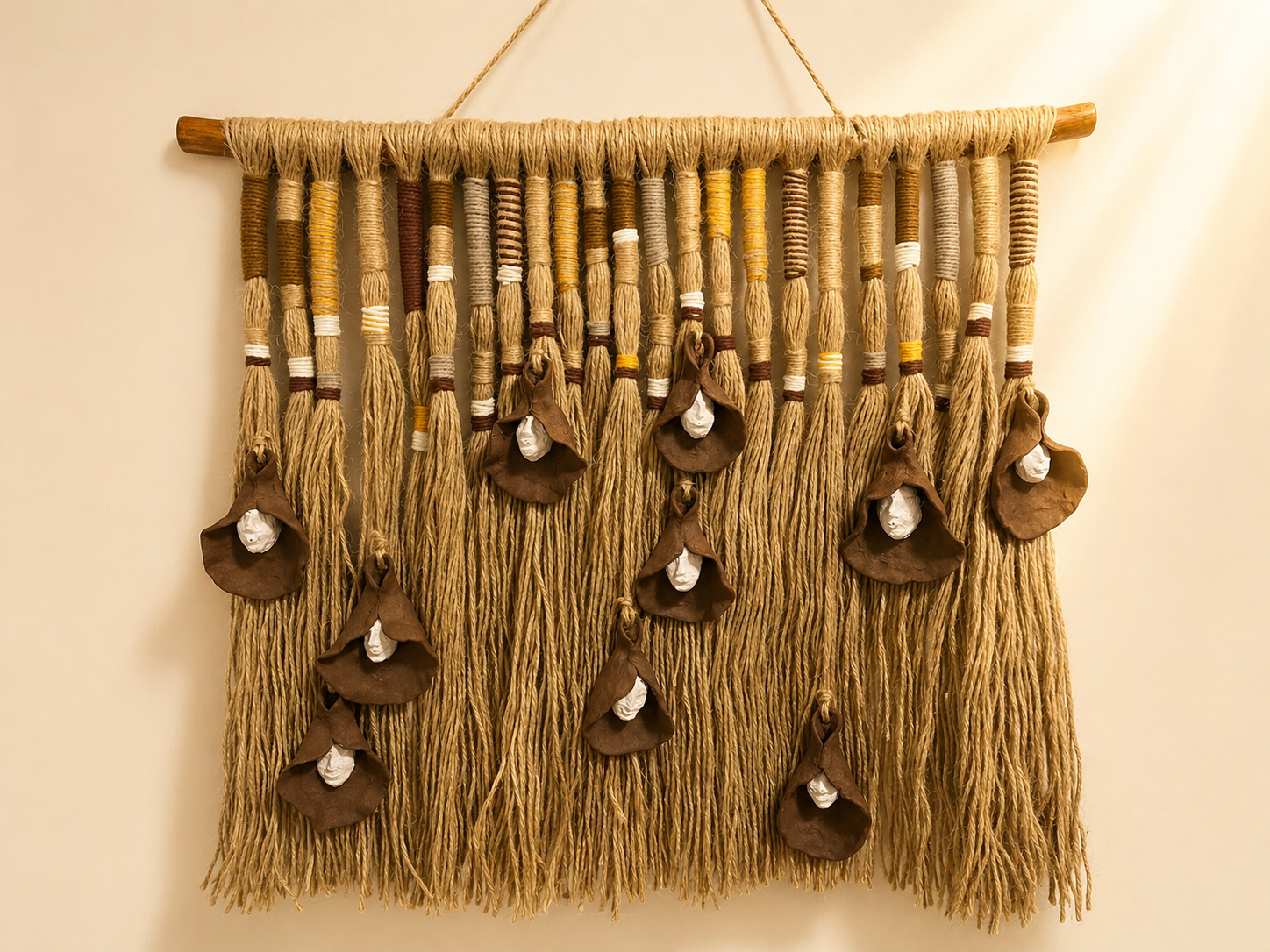 "Quipu". Brown grogged earthenware with peach engobe finishes & rope. 60cm x 70cm. 2026
