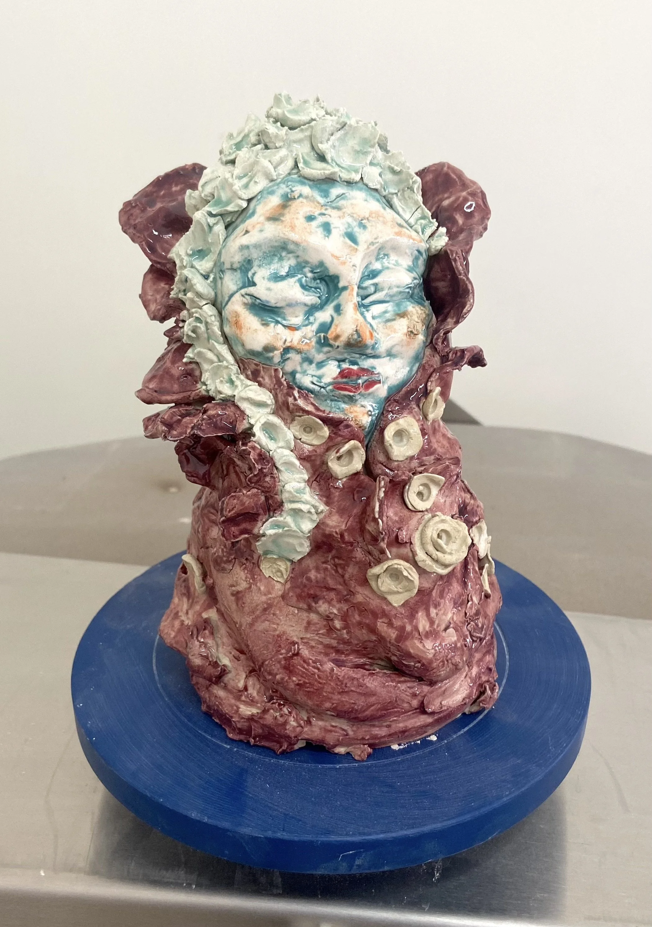 "Fall Beauty" (The Seasons series) Stoneware, underglaze & Celadon glaze. H28cm x W18cm x D17cm. 2024.