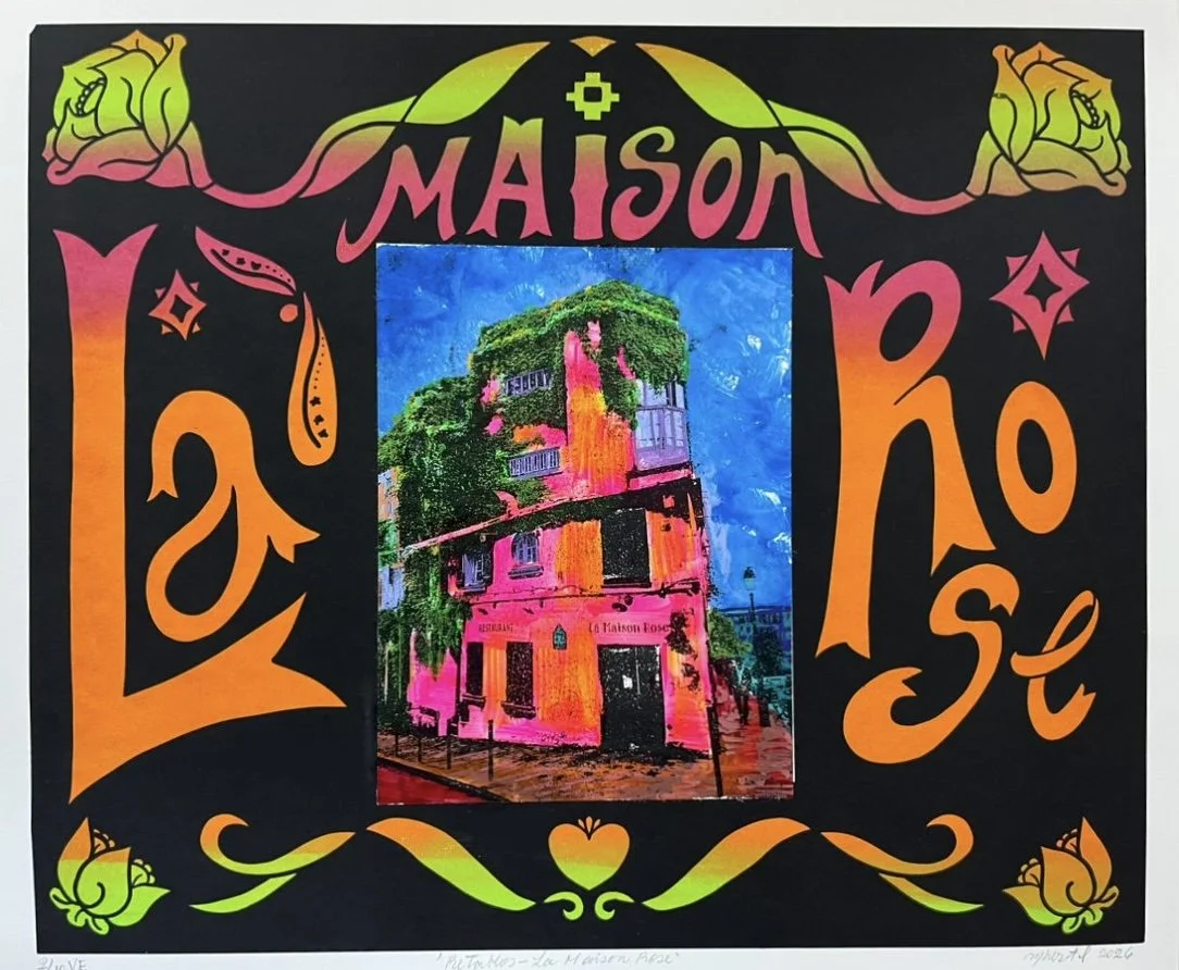 Retablos - La Maison Rose. 2026
Variable Edition Monoprint 1/10 + 2AP. Screenprint and gelli plate layers on washi paper. 54cm × 45 cm