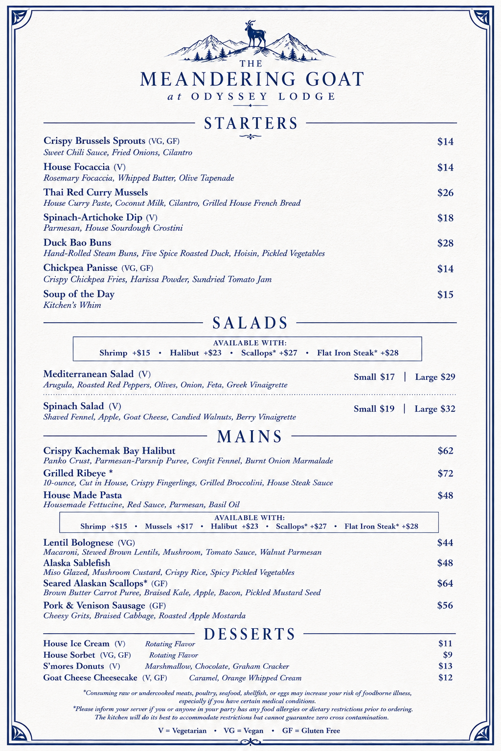 Restaurant menu for The Meandering Goat at Odyssey Lodge, featuring starters, salads, main courses, and desserts with prices and descriptions.
