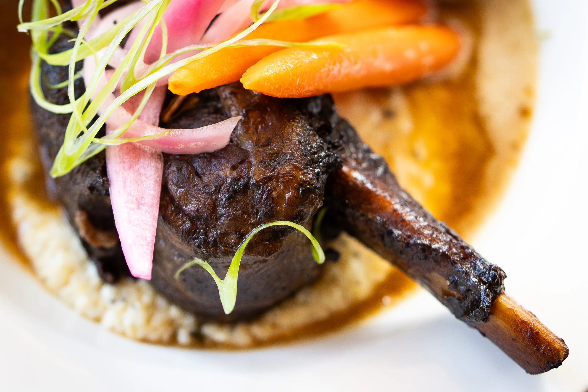 Close-up of a cooked meat dish with carrots, pink onion slices, microgreens, and a bed of grains or rice.