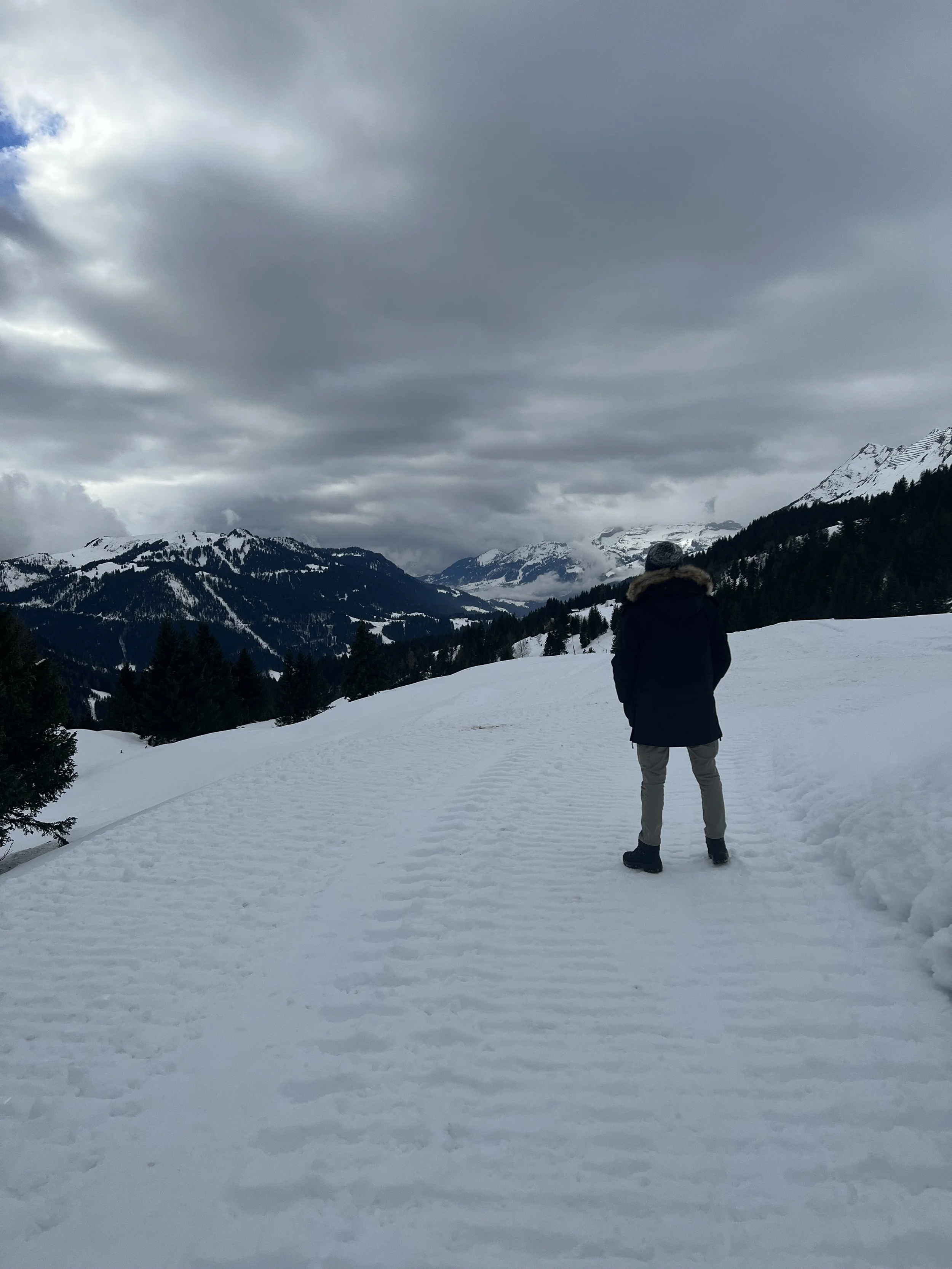 Personne debout sur une route enneigée devant un paysage de montagne sous un ciel nuageux.
