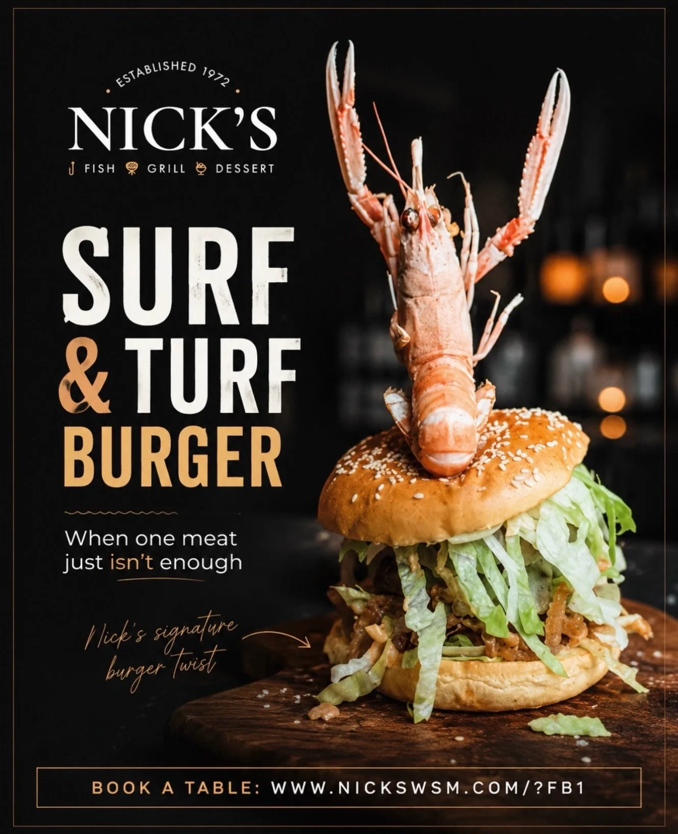 SURF &amp; TURF BURGER, AND YES&hellip; IT&rsquo;S ON SMASHED THURSDAY 🔥🍔

Tomorrow is Smashed Thursday at Nick&rsquo;s, which means you can get 2 burgers for &pound;24.95.

And if you&rsquo;re choosing properly, the Surf &amp; Turf Burger has to b