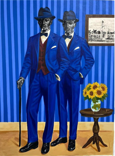 Steve Maphoso - Posing like gentlemen - Mixed media on canvas - 100 x 127 cm - ZAR 60 000 excl VAT
