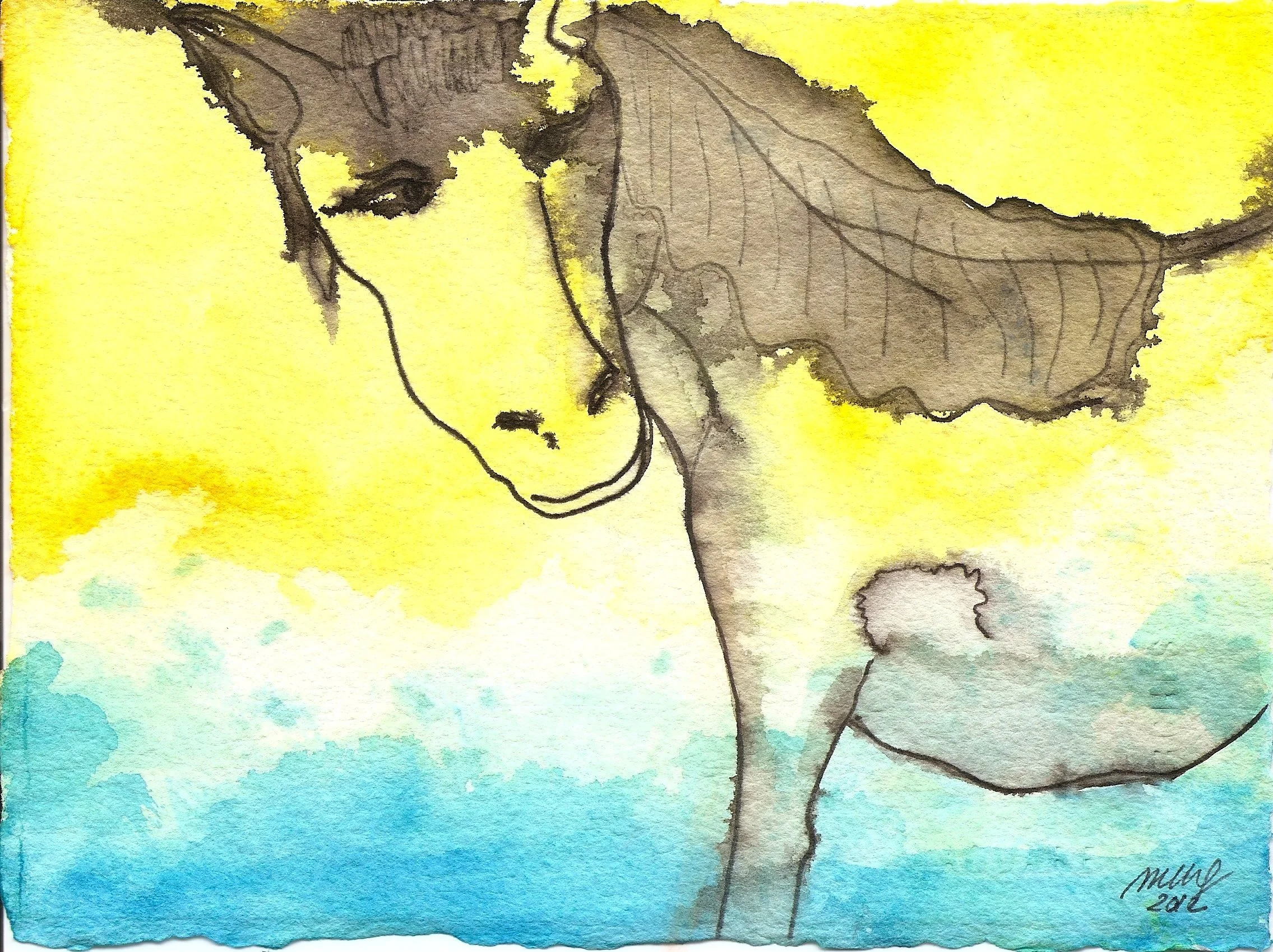 A watercolor painting of a woman with closed eyes and long dark hair, resting her head on her forearm. The background features a gradient of colors, from yellow at the top through green to blue at the bottom.