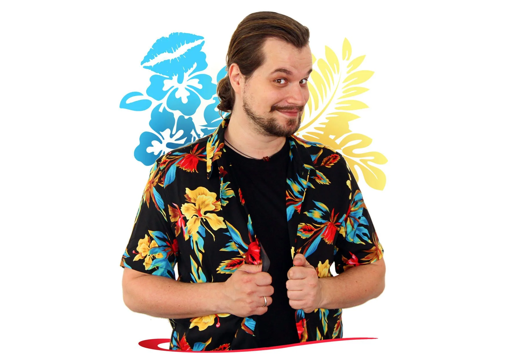 Mann in einem bunten Floralen Hemd mit einer Nylonstrumpf, der verschmitzt in die Kamera lächelt, vor einem weißen Hintergrund mit blauen und gelben Blumenmustern.