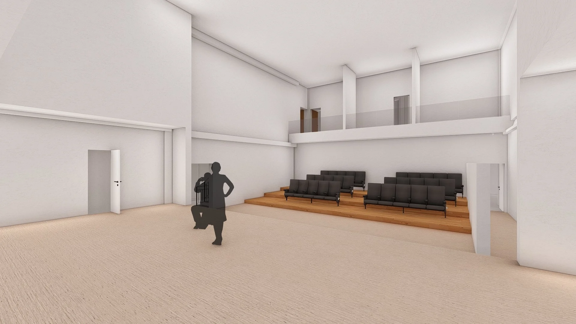 Ein leeres, modernes Auditorium mit schwarzen Stühlen auf einer erhöhten Holzplattform, weißem Raum und einer Silhouette einer Person mit einem Koffer auf dem Boden.