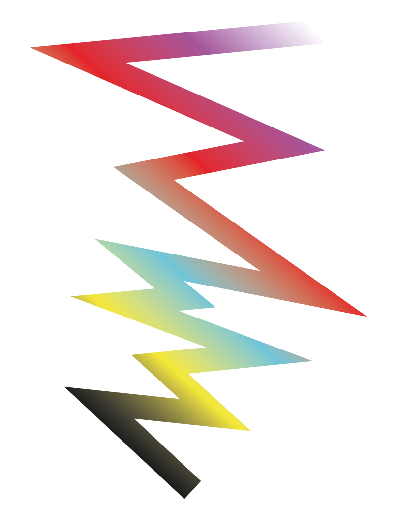Abstrakte digitale Grafik mit farbigen, gezackten Formen und Farbverläufen in Rot, Gelb, Blau, Lila und Schwarz.