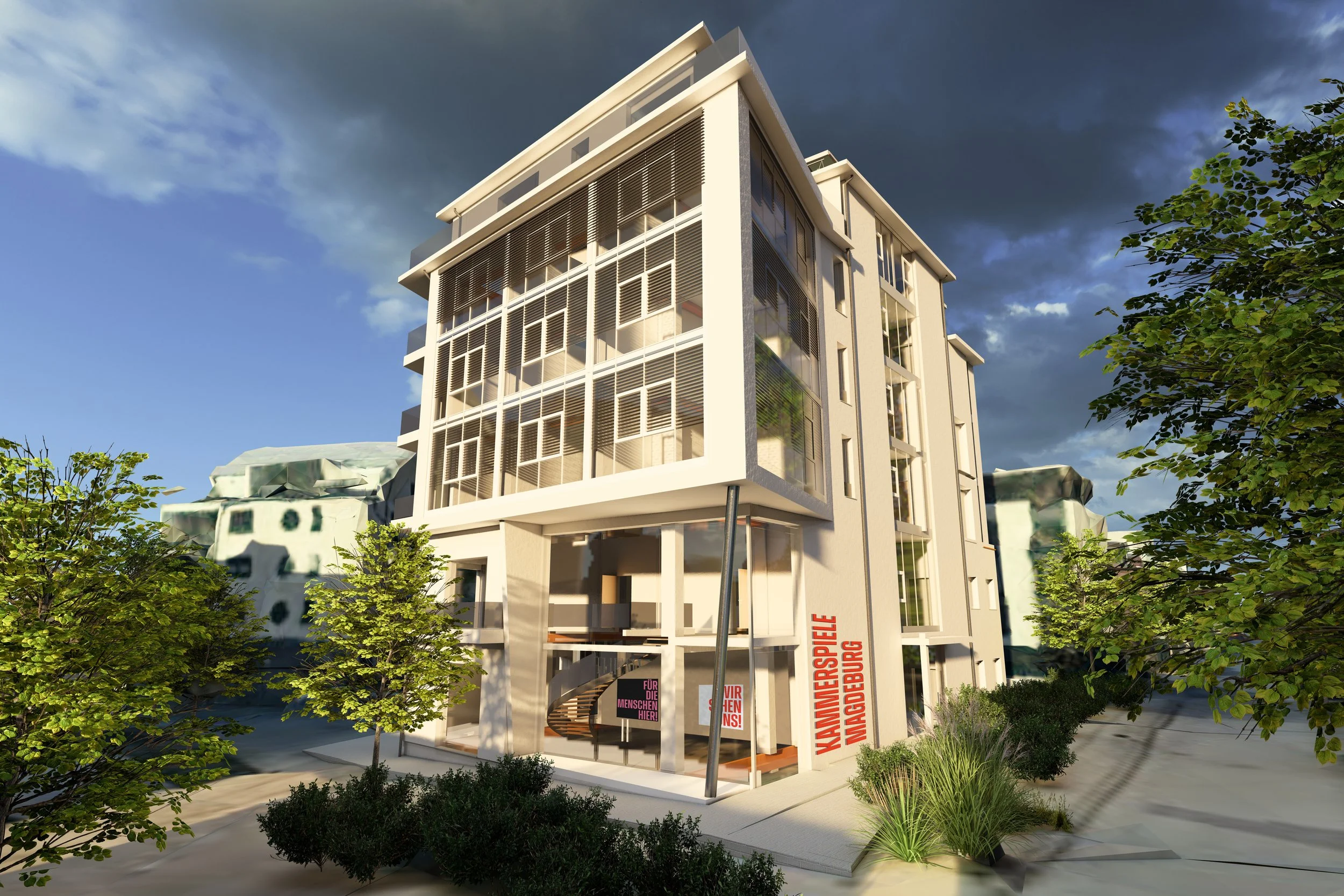 Modernes mehrstöckiges Gebäude mit großen Fenstern und Terrassen, umgeben von Bäumen und Garten, bei bewölktem Himmel.