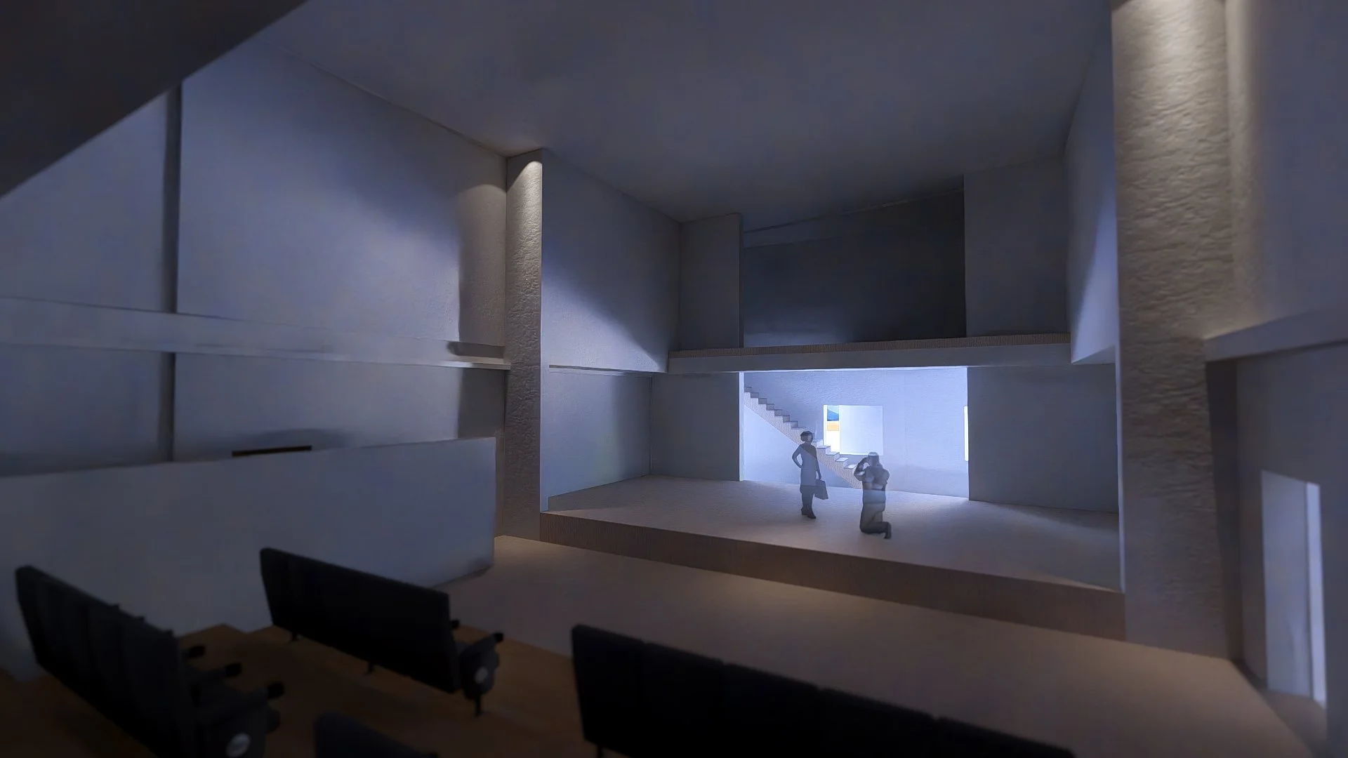 Architekturmodell eines modernen, minimalistischen Innenraums mit zwei Personen, Stühlen, einem Treppenaufgang und großen Fenstern, die helles Tageslicht einlassen.