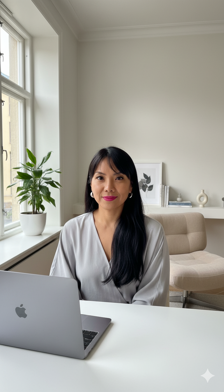 A woman sitting at a desk with a laptop in a bright, modern office or living space with minimal decor, a potted plant, and framed wall art.