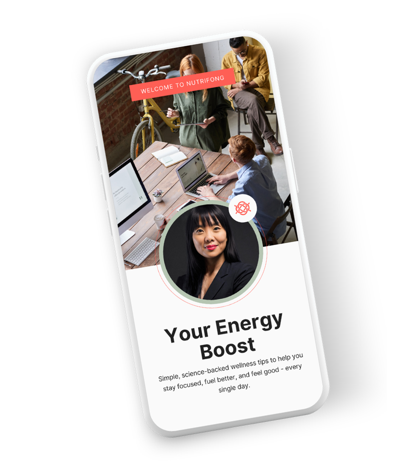 A smartphone screen displaying a wellness app called Nutrifong, showing a group of young people working together at a desk and a woman with long black hair smiling in a profile photo. The app promotes energy-boosting tips.