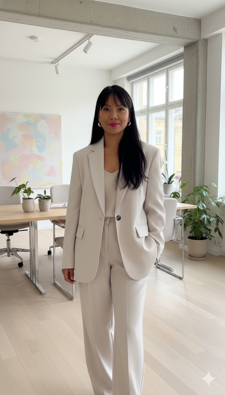 A woman in a white suit standing in a modern office space with large windows, a wooden table, and green potted plants.