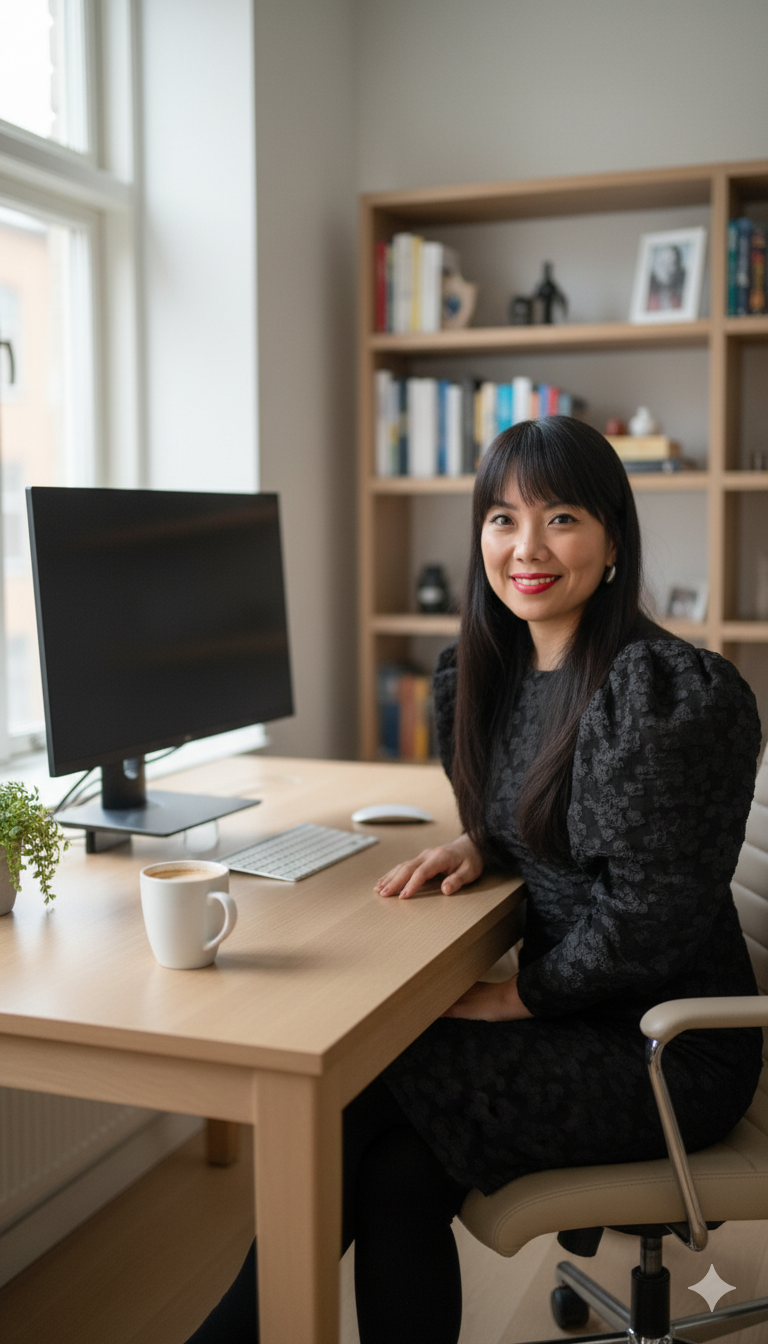 Woman sitting at a desk in a home office, smiling, with a computer monitor, coffee mug, and bookshelf in the background.