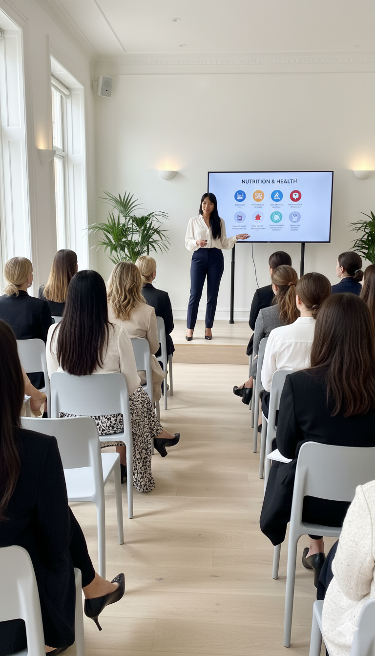 A woman giving a presentation on nutrition and health to an audience seated in a bright, modern room with large windows and a digital screen.