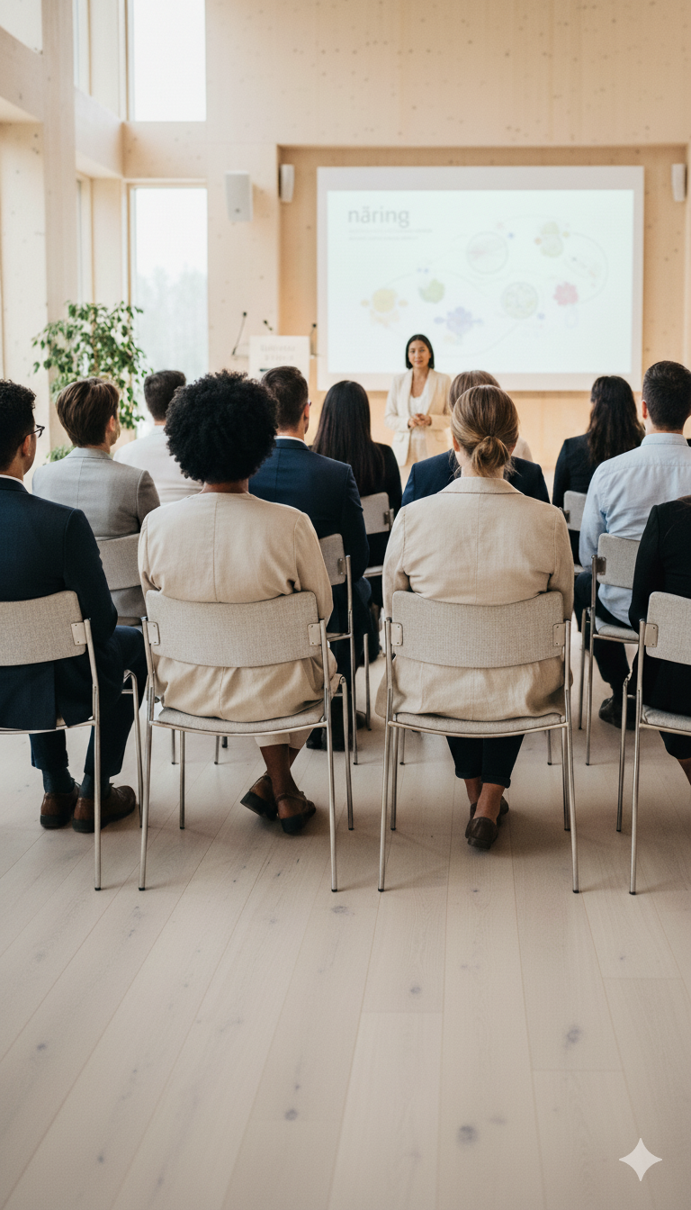 Business presentation in a well-lit room with a diverse group of people seated, listening to a female speaker at the front, with a projector screen displaying a colorful diagram.