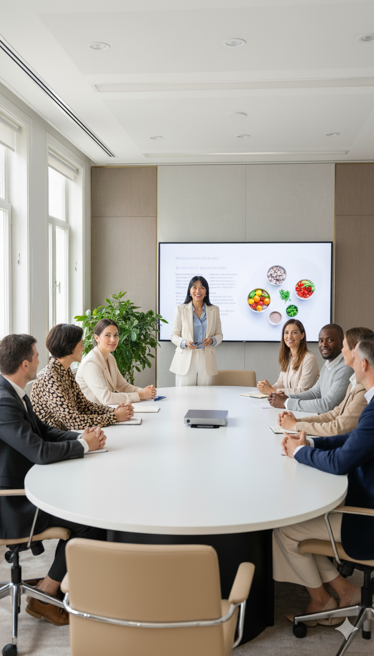 A woman leading a meeting in a conference room with eight seated attendees, a large screen displaying a presentation, and large windows providing natural light.