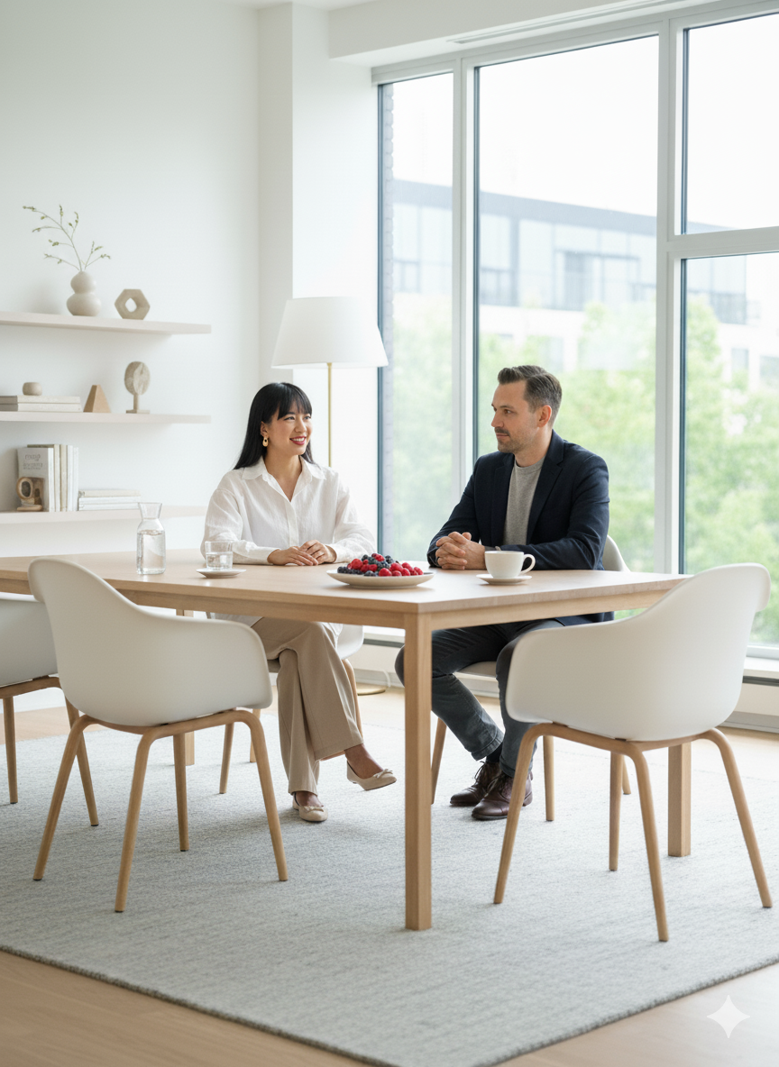 A woman and man sitting at a table in a bright, modern room, having a conversation with a bowl of berries, a glass of water, and a coffee cup on the table.