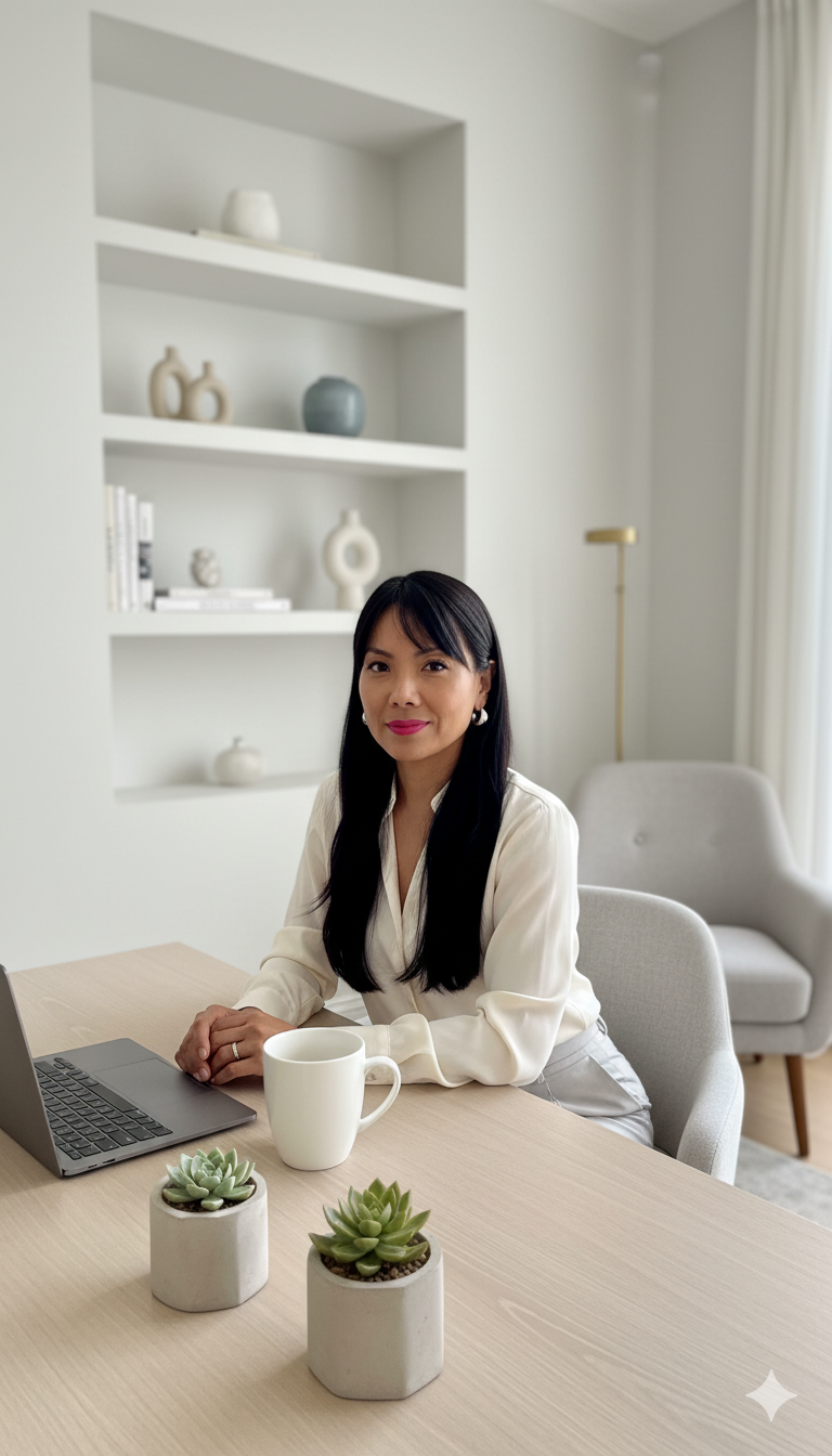 A woman sitting at a light wood table in a bright room with a laptop, a white coffee mug, and two small potted succulents. There are built-in shelves with decorative items in the background.