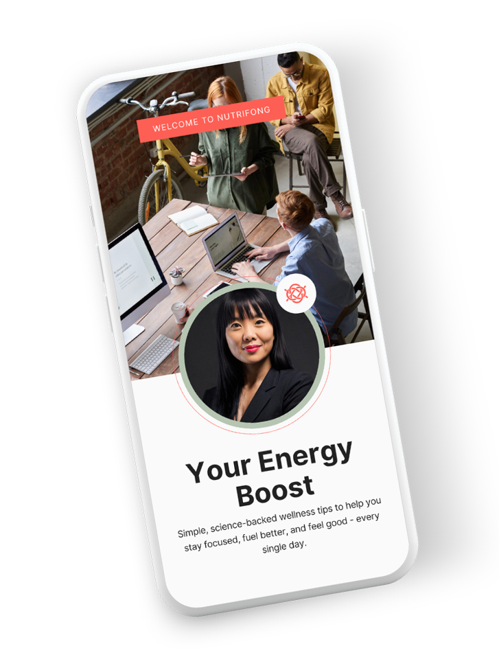 Smartphone screen displaying an app titled "Your Energy Boost" with a photo of a woman, and a background image of three people in a workspace, with one person using a laptop, one reading, and one on a bicycle, in an industrial-style room.