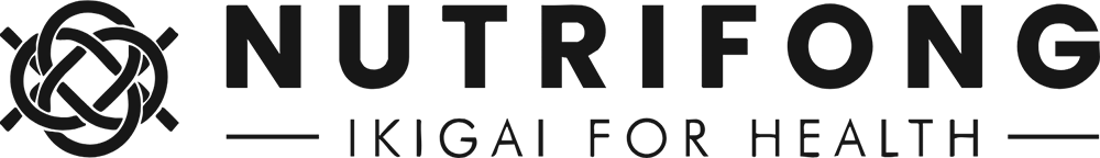 Black logo with a celtic knot symbol, the words 'NUTRIFONG' and the tagline 'IKIGAI FOR HEALTH' in black text.