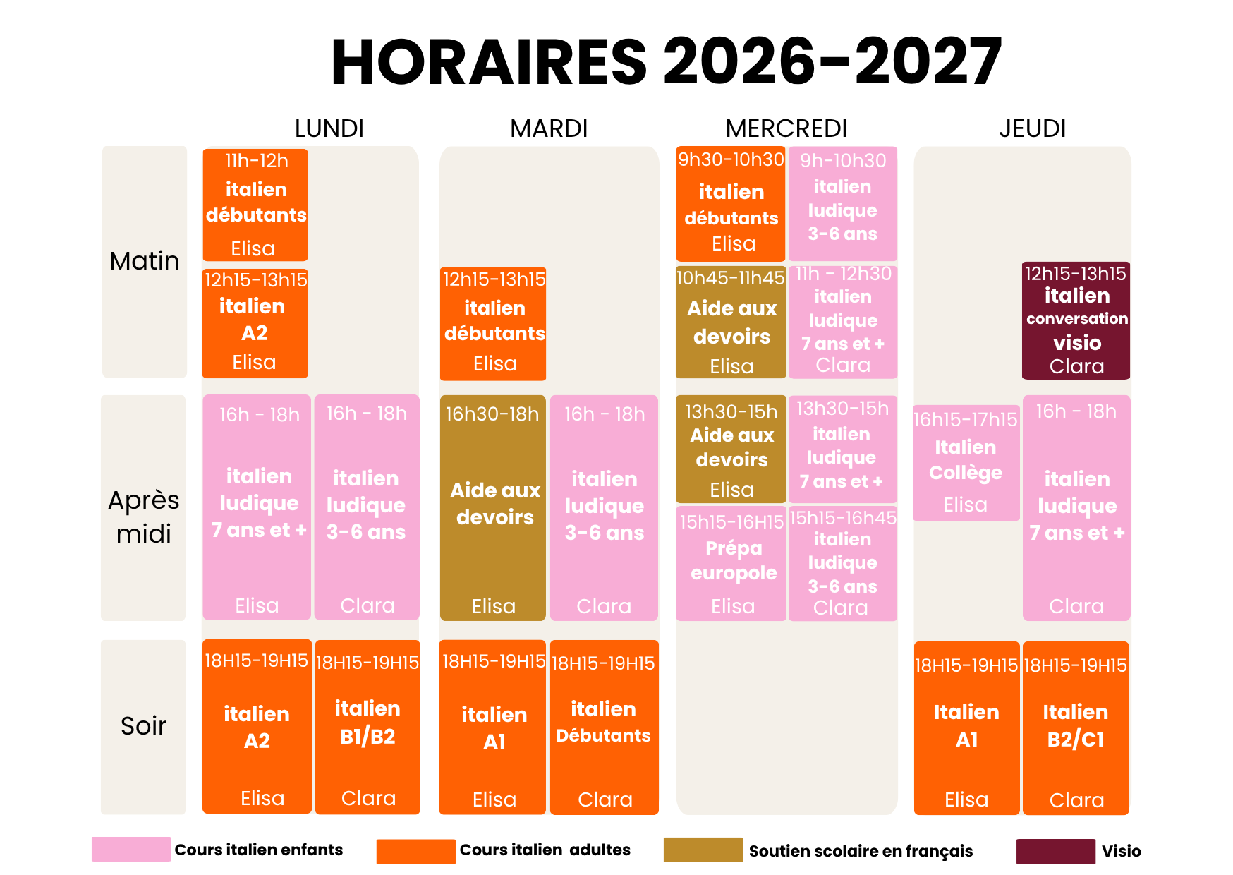 Horaire pour l'année 2026-2027 avec différentes activités en italien, soutenances en français et visio, réparties sur les matins, après-midis et soirs pour chaque jour de la semaine, avec des catégories en couleur rose pour les cours d'italien pour enfants, en orange pour les cours d'italien pour adultes, en marron pour le soutien scolaire en français, et en violet pour les sessions visio.