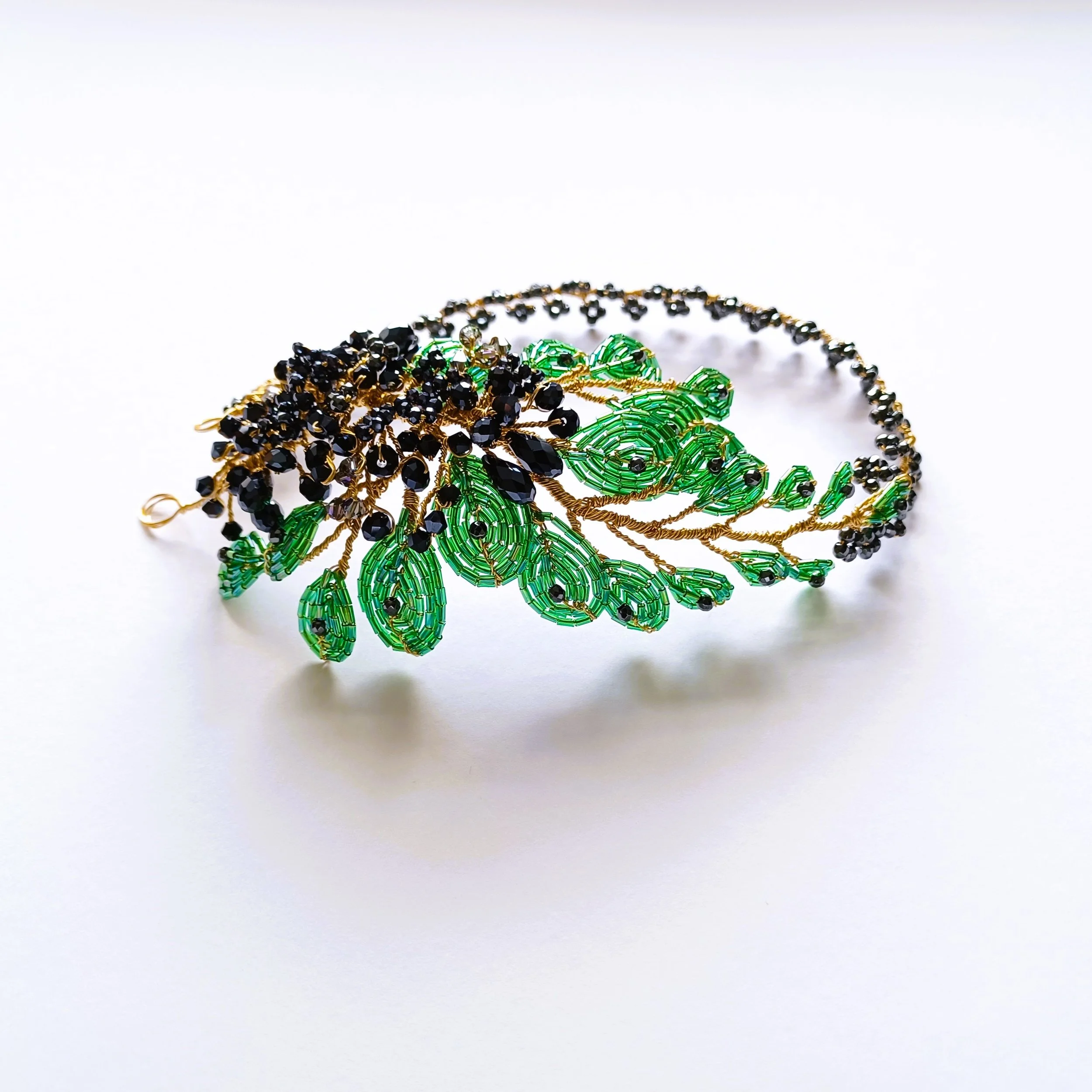 Green beaded 1920s inspired occasion headpiece with navy blue crystals-Peacock (3).jpg