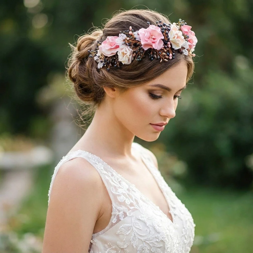 A stunning pink floral head garland for a bohemian bride