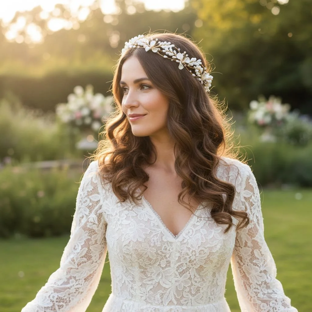 Bride wearing a white ivory wedding dress and a soft matt white bridal crown with handmade clay flowers and petals perfect for bohemian weddings and garden wedding celebrations