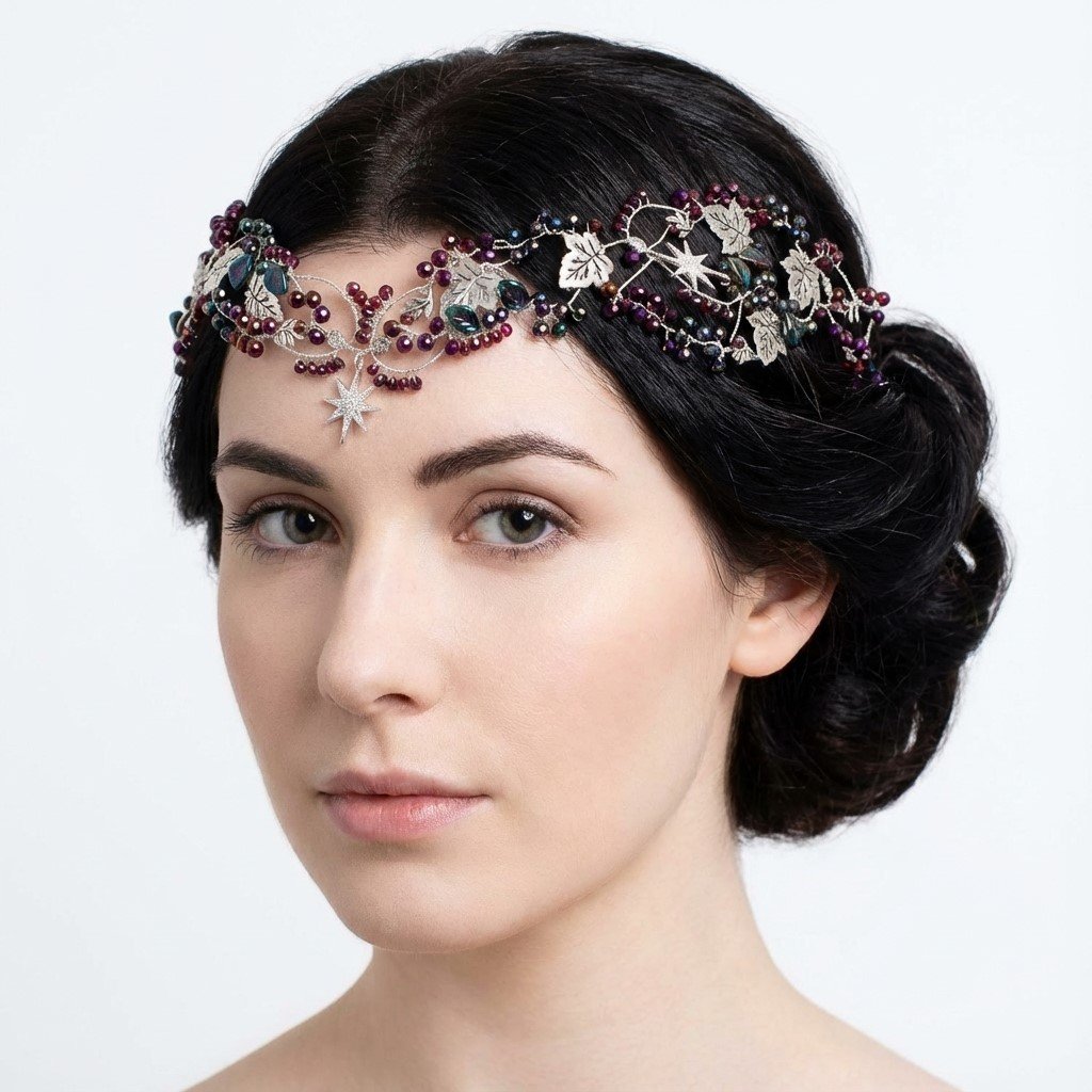 A Bohemian Aurora Burgundy and Rustic Silver Leaf Headpiece - LBHM