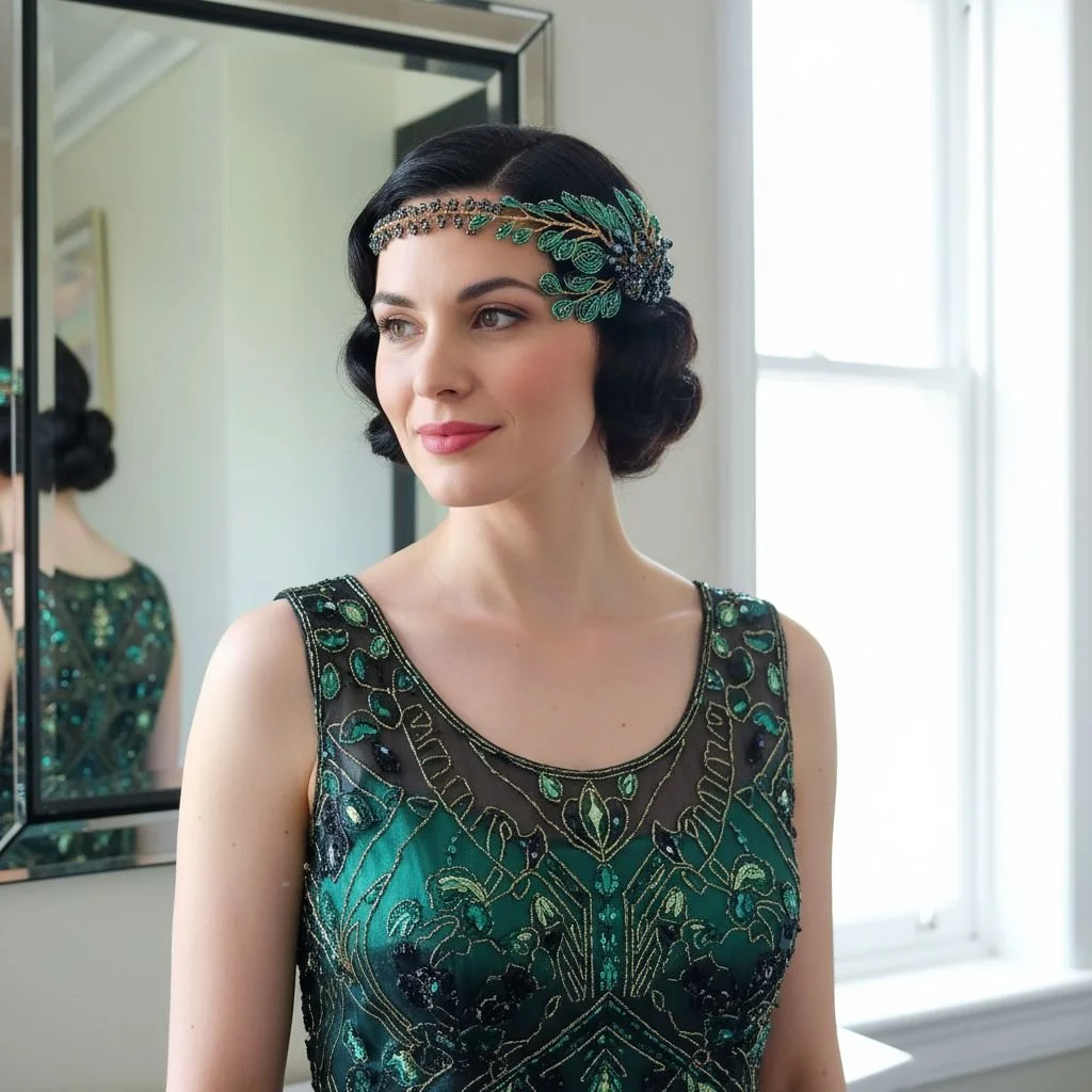 Green beaded 1920s inspired occasion headpiece with navy blue crystals-Peacock (2).jpg