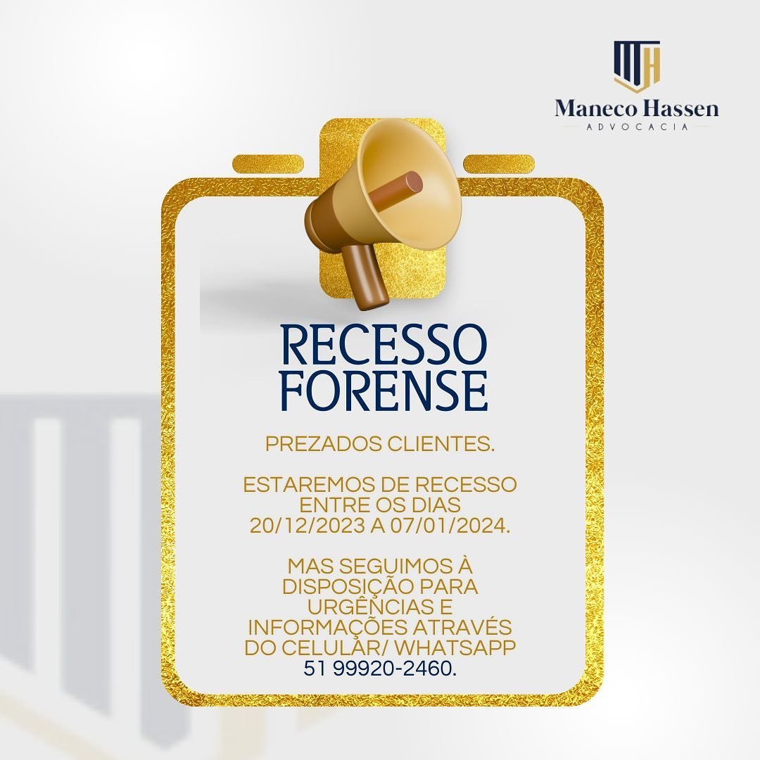 ⚠️RECESSO FORENSE

📌Estaremos de recesso entre os dias 20/12/2023 a 07/01//2024.

✨Momento de recarregar as energias e agradecer as conquistas. 

📲Mas seguimos &agrave; disposi&ccedil;&atilde;o para urg&ecirc;ncia e informa&ccedil;&otilde;es atrav&