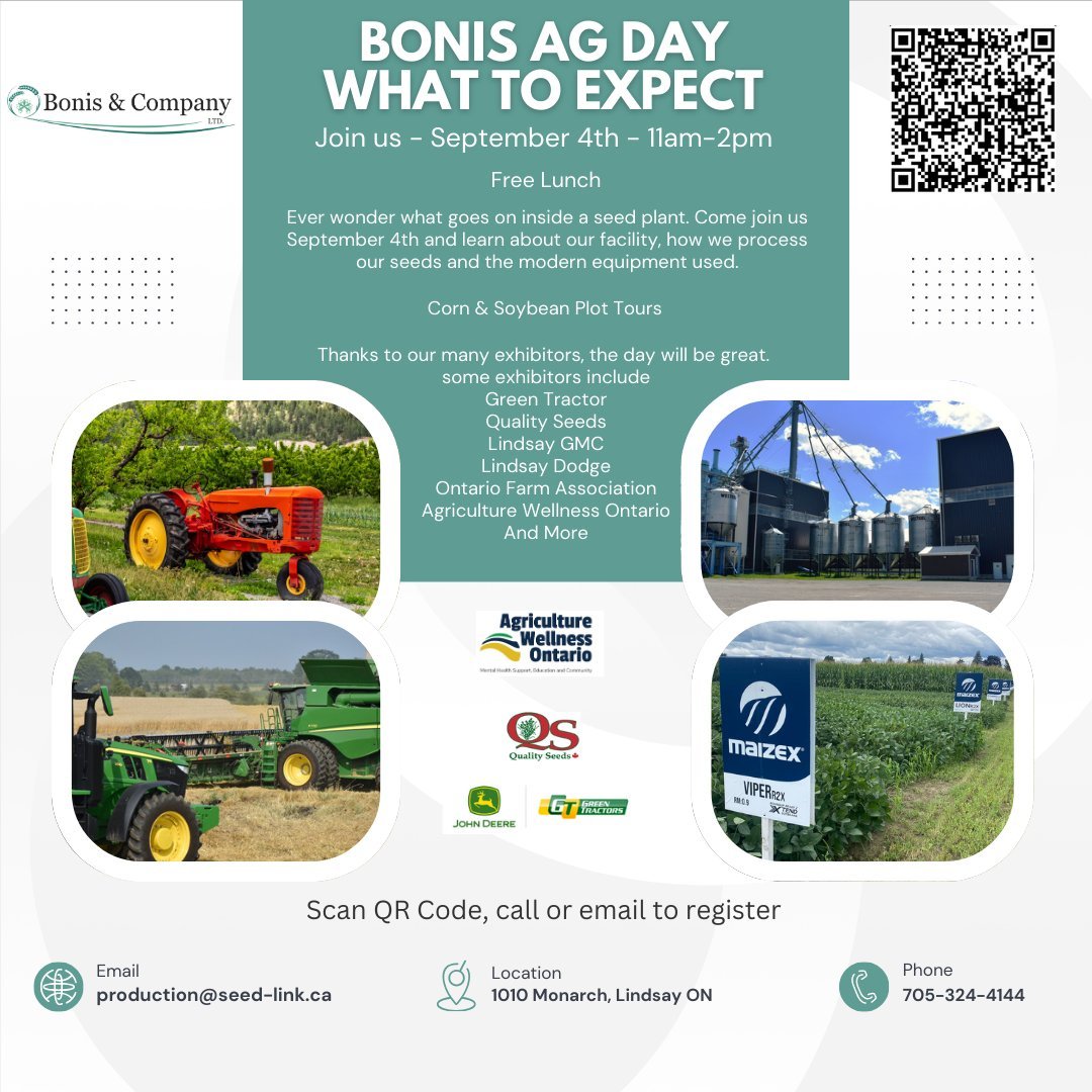 Our Bonis Ag Day is fast approaching. Have you registered yet?

Are you curious about what to expect? Our Bonis Ag Day will have a variety of agriculture-related things going on. 🚜

🌾From learning about our seed plant. How it functions and how we p