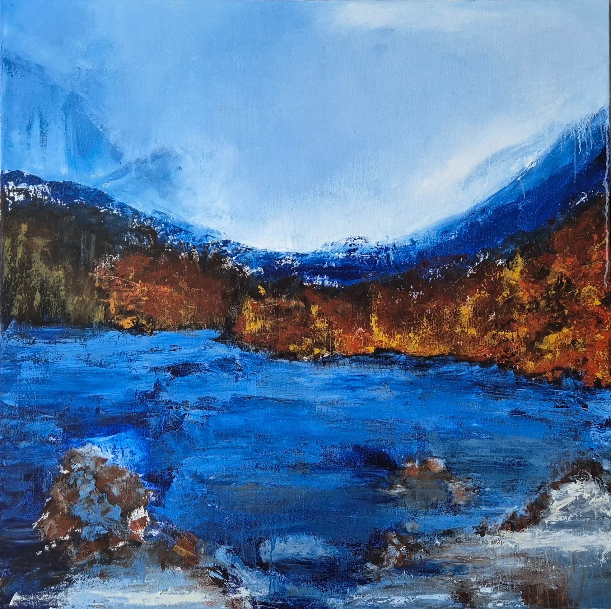 Blue Solitude, 2026. Mixed media on canvas-48x 48 inches/122 x 122 cm.  Price on Request.
