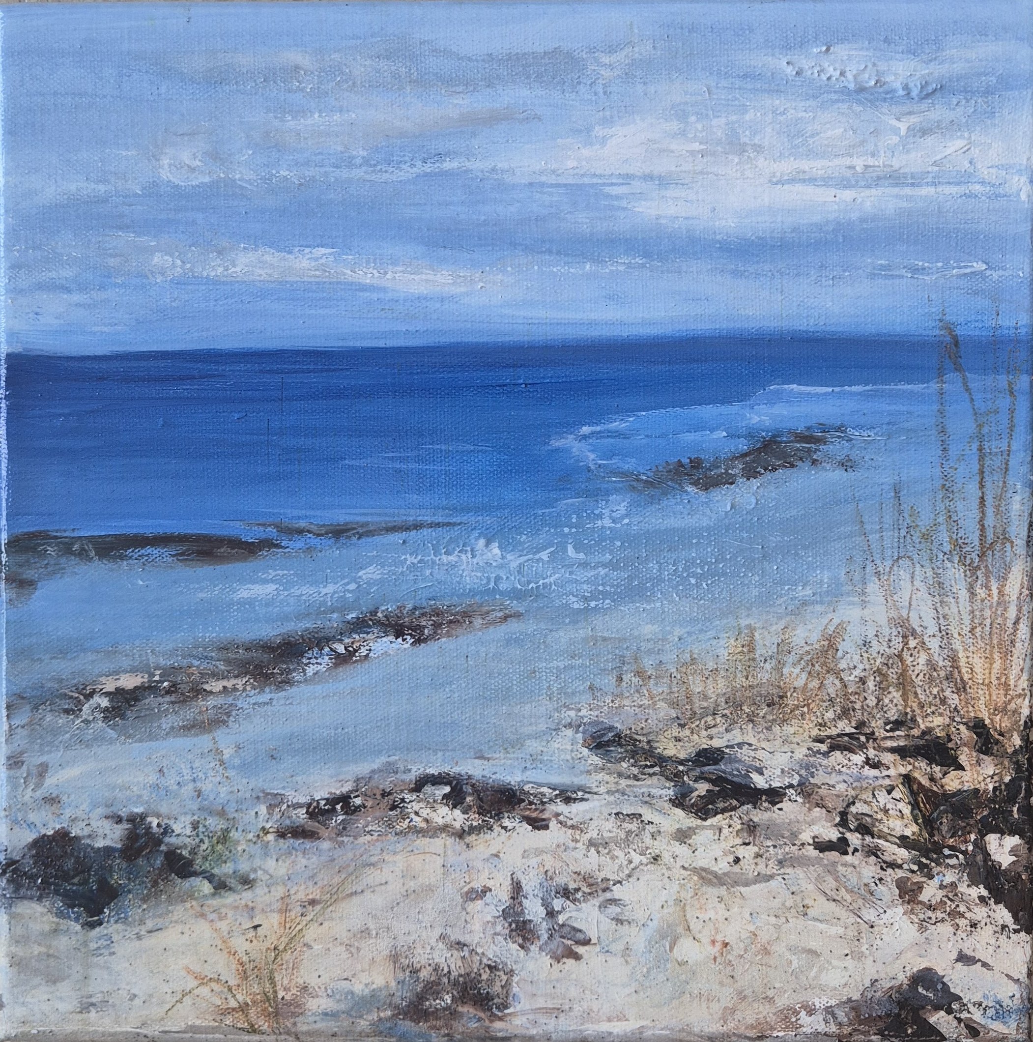 At Rest with the Tide,2026. Mixed media on canvas-12x 12 inches/30 x 30 cm.  Price on Request.