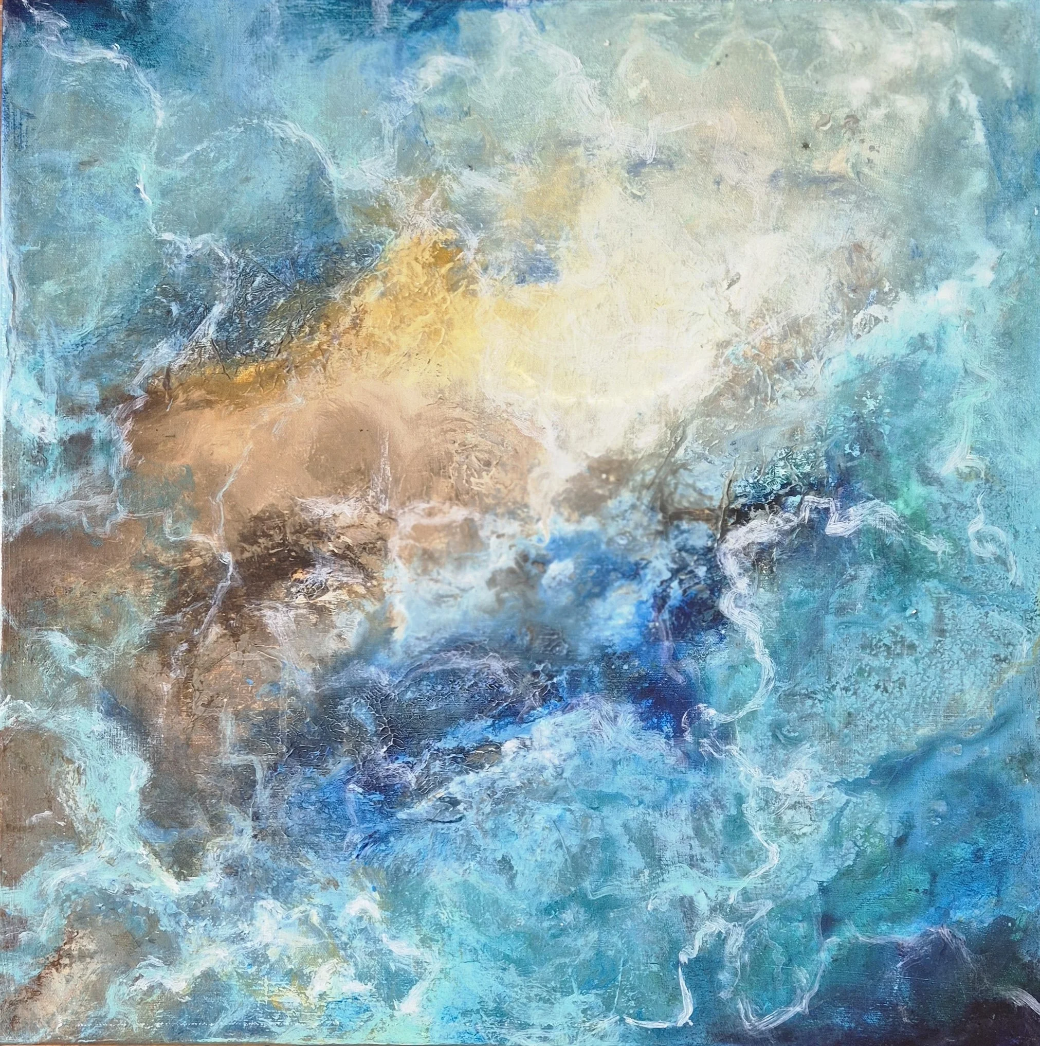 SOLD.
Where the Tide Remembers Light, 2026. Mixed media on canvas-24x 24 inches/61 x 61 cm