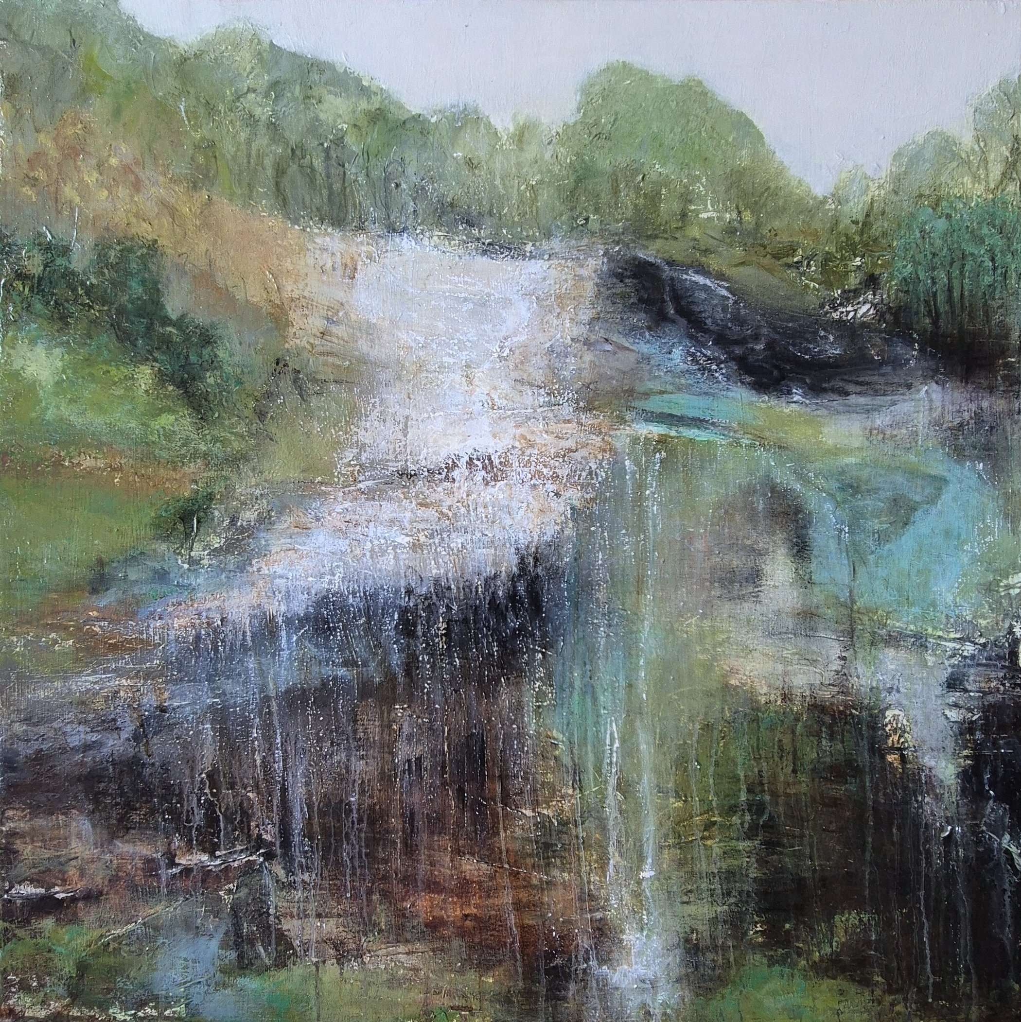 Where the Rain Lingers, 2026.. Mixed media on canvas-36x 36 inches/91 x 91 cm.  Price on Request.
