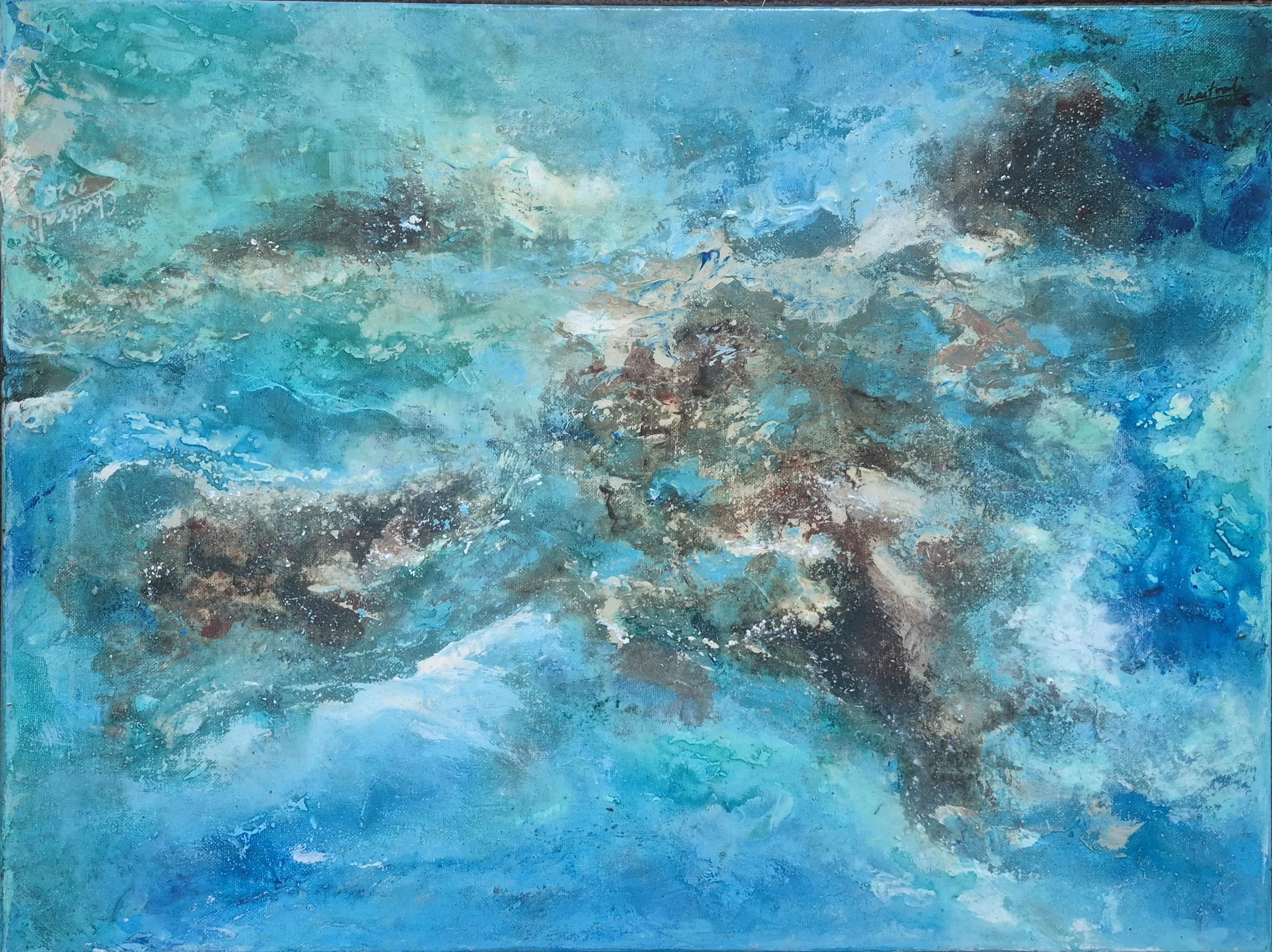 Aqua Reverie, 2026. Mixed Media on canvas-18 x 24 inches/ 45.72 x 60.96 cm. Price on Request.

Swirling turquoise currents and earthy forms merge in an abstract seascape of movement and mystery. Layers of textures suggest shifting tides, inviting the