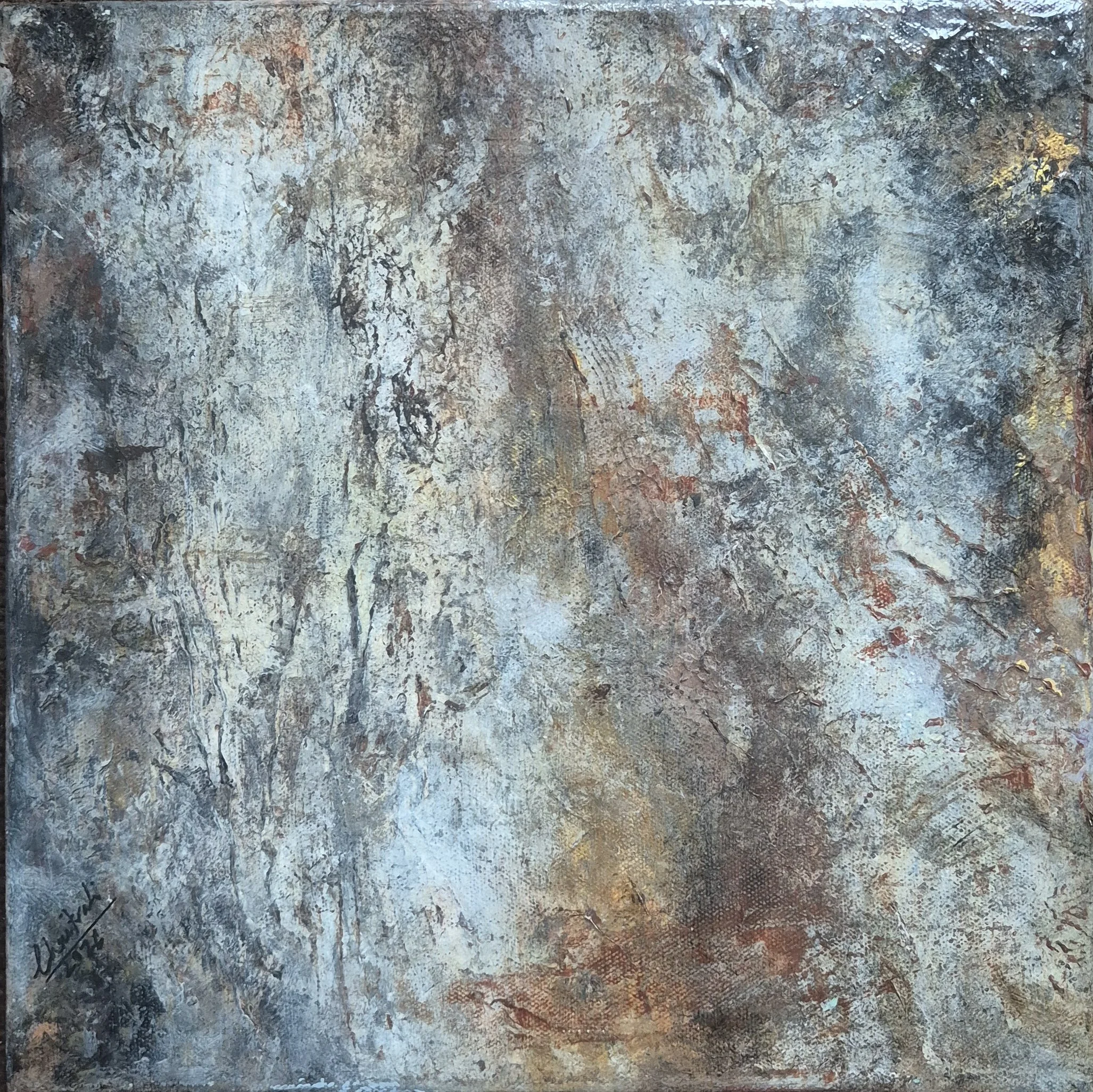 Whispers of the Bark, 2026. Mixed Media on canvas-12 x 12 inches/ 31 x 31 cm. Price on Request.
Inspired by the weathered bark of old trees, this textured abstraction reveals nature’s quiet stories. Layered earthy tones and delicate marks evoke resil