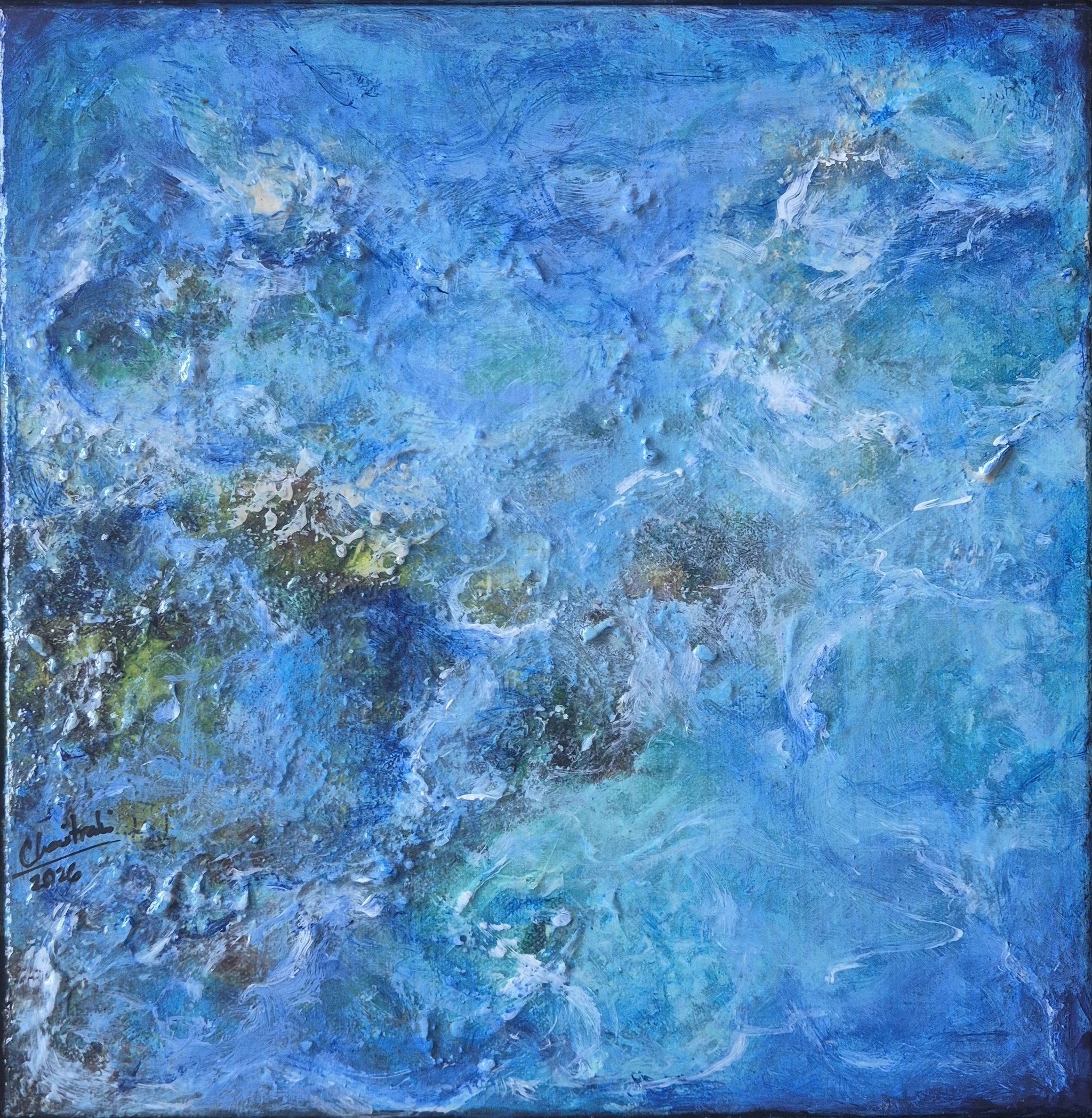 Blu Zone,2026. Mixed media on canvas-12x 12 inches/30 x 30 cm.  Price on Request.