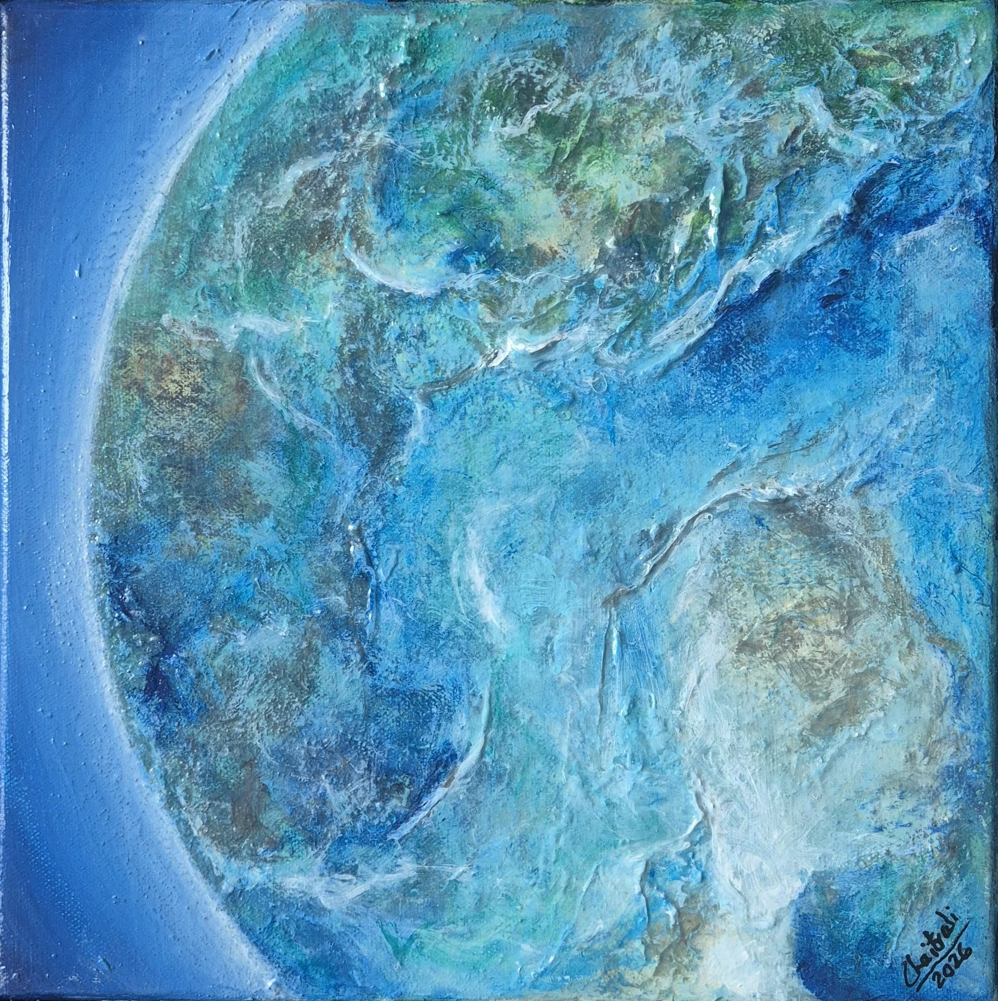 Living, Being, 2026. Mixed Media on canvas-12 x 12 inches/ 31 x 31 cm. Price on Request.

Emerging through shifting blues and textured forms, life reveals itself in perpetual motion. A meditation on presence, the painting celebrates the quiet harmony