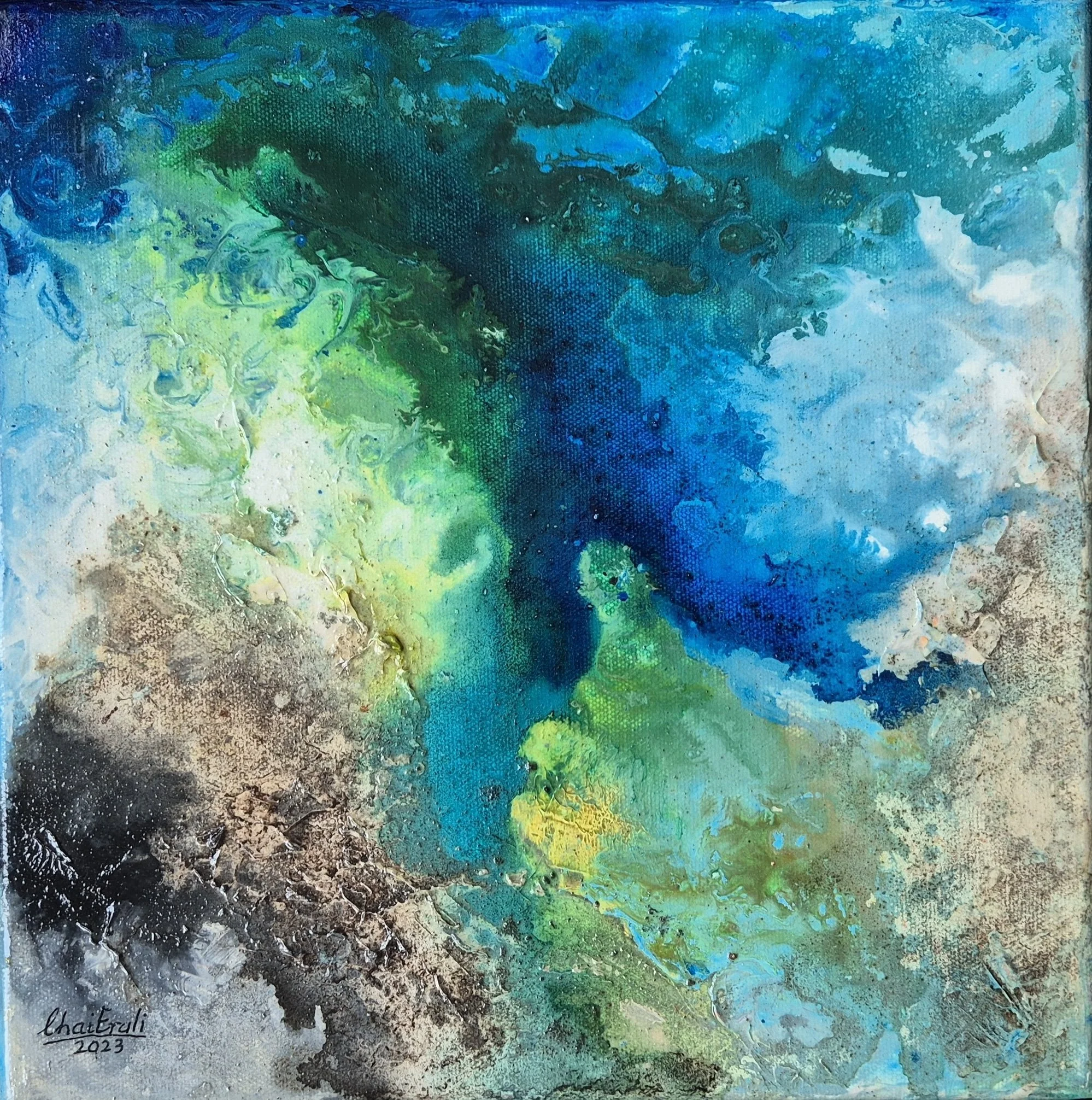 SOLD.
Aqua Dreams, 2023. Mixed media on canvas-12x 12 inches/30 x 30 cm