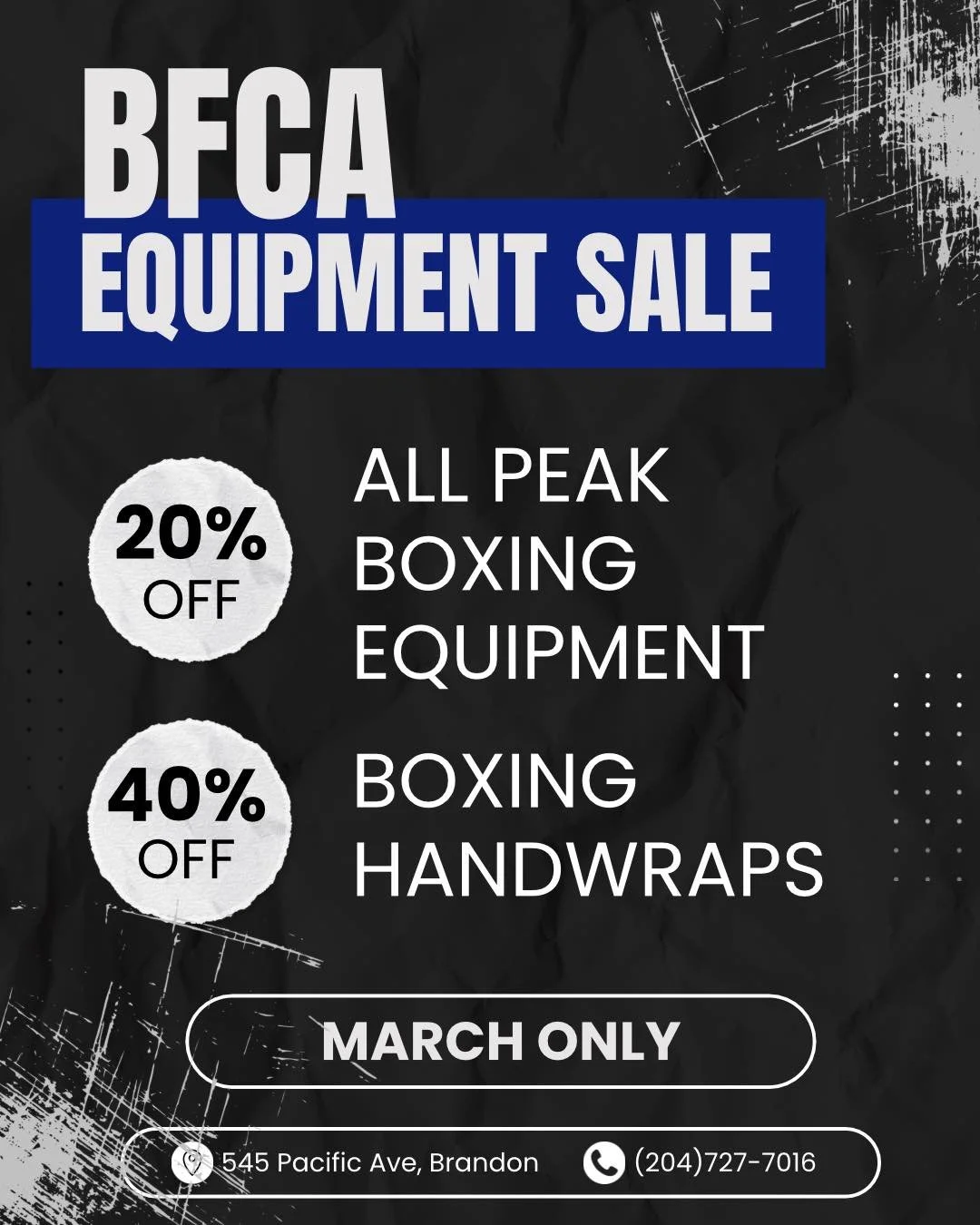You heard it here folks! All march long Brandon Fitness Combat Academy is having an equipment sale! 🥊

20% OFF Peak branded boxing equipment 
40% OFF All handwraps

Time to grab that equipment you've been thinking about or give yourself a refresh wi