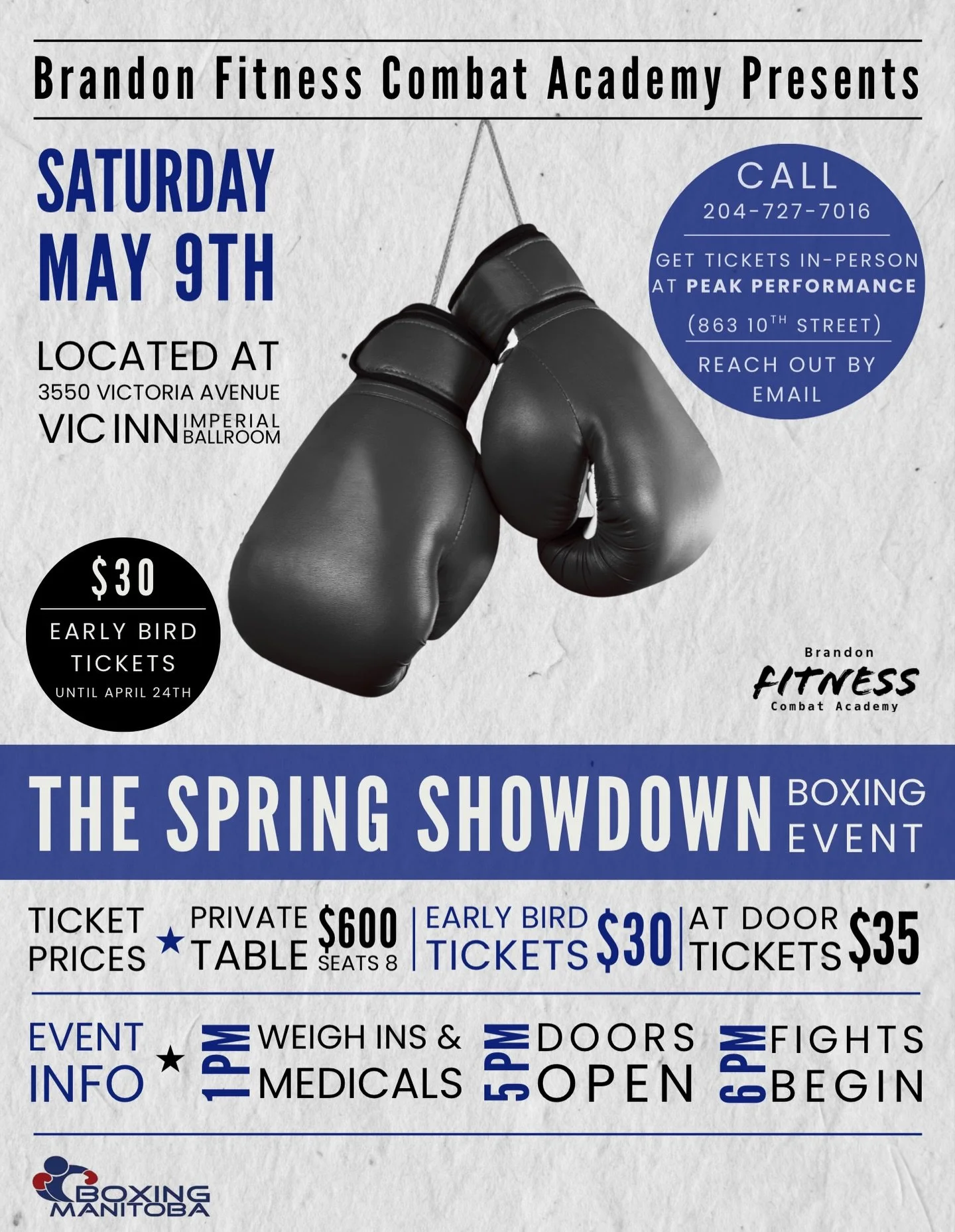 🚨EARLY BIRD ALERT🚨

Spring Showdown is bringing the heat and early bird tickets are officially OUT NOW.

only for a limited time! 🎟️

📅 Until April 24th

📍 3550 Victoria Avenue 

Secure your ticket through a call or email! 
- 204-727-7016
- offi