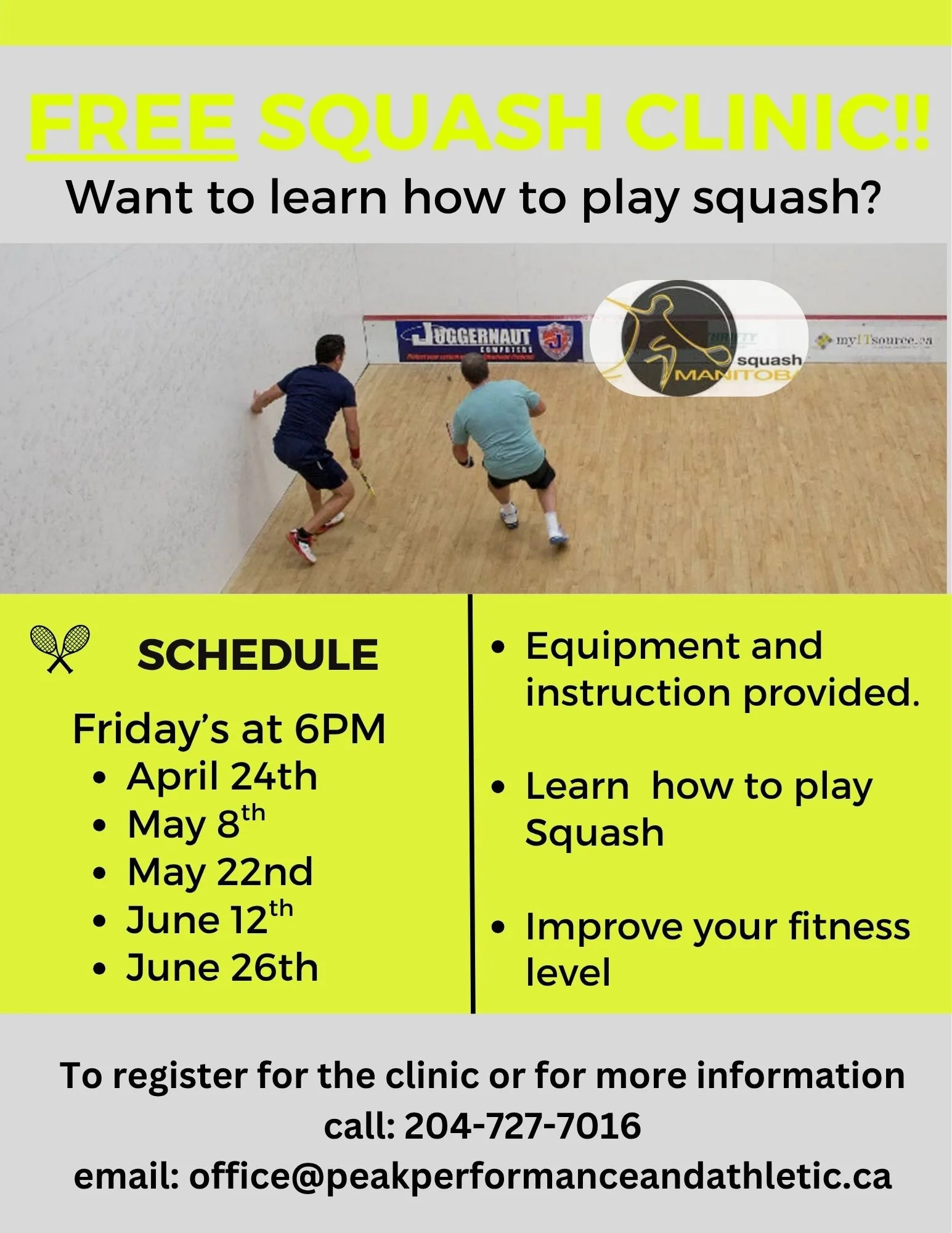 Learn to Play Squash - Free Clinics!!
