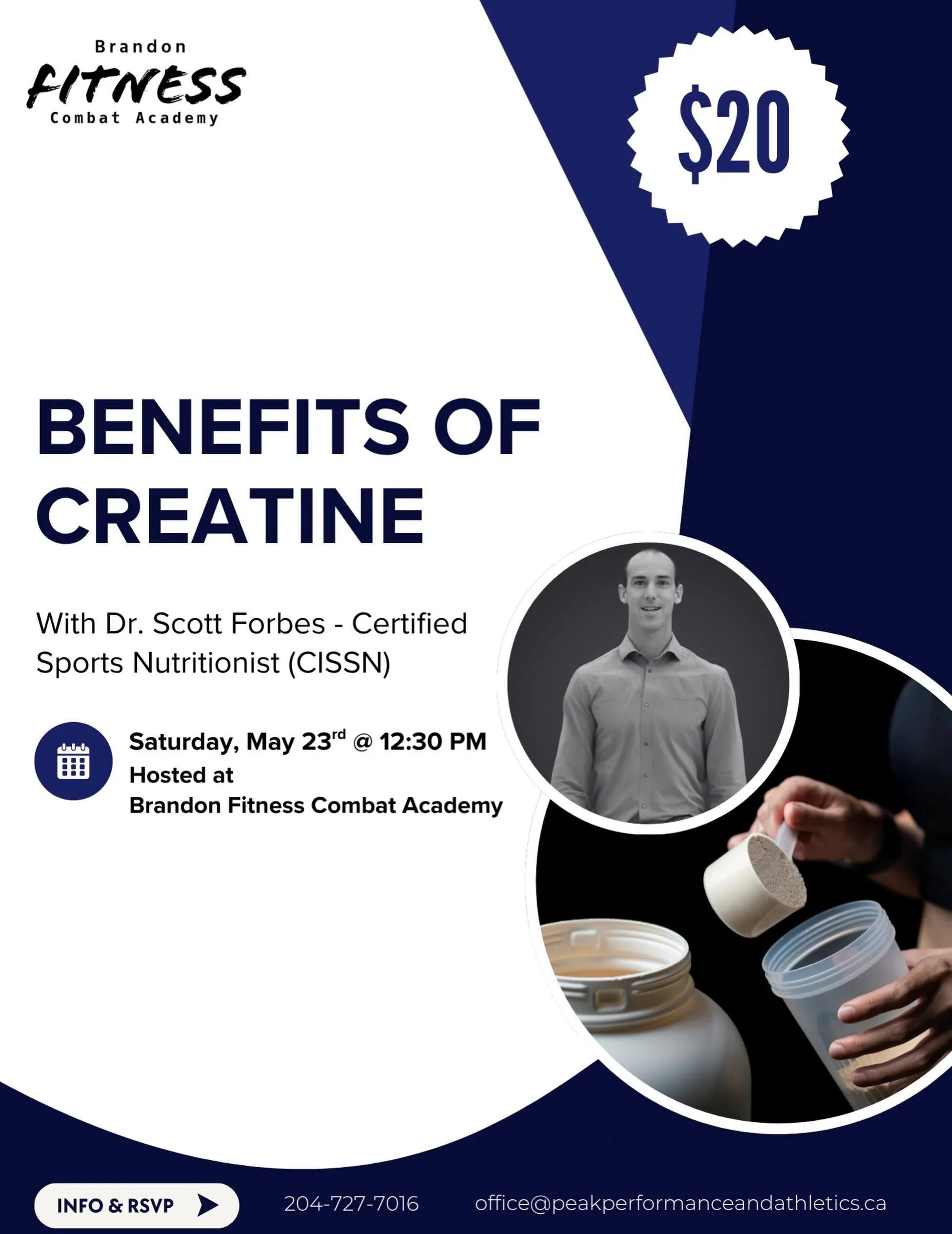 Creatine Seminar🧠💪

Join us May 23rd, 12:30pm at BFCA to learn more about one of the most researched supplements in fitness! Guided by Dr. Scott Forbes! 

📍545 Pacific Ave
🗓️May 23rd @12:30pm
📞(204)727-7016

Want to learn more about creatine? Ca